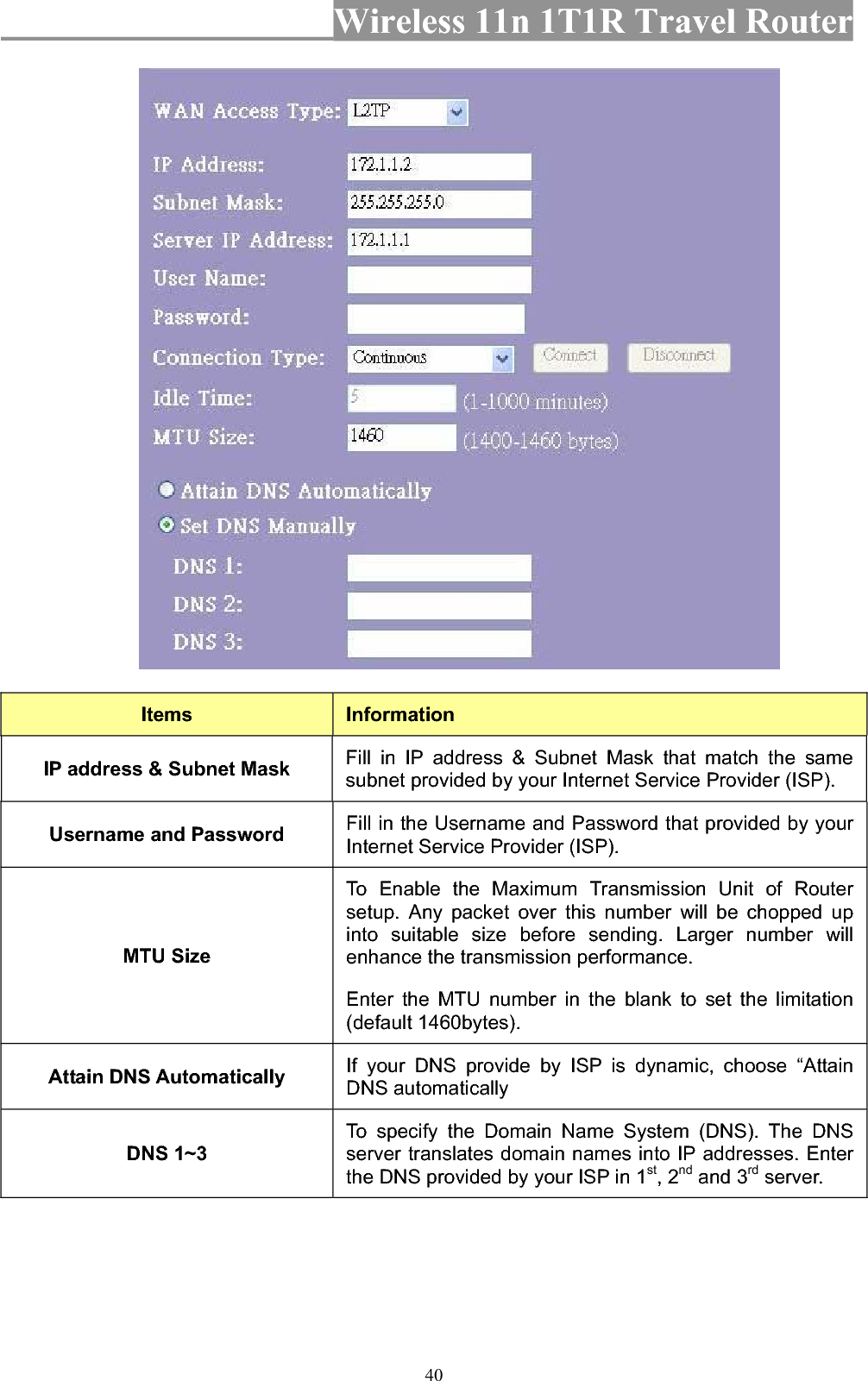 Wireless 11n 1T1R Travel Router 40Items InformationIP address &amp; Subnet Mask  Fill in IP address &amp; Subnet Mask that match the same subnet provided by your Internet Service Provider (ISP). Username and Password  Fill in the Username and Password that provided by your Internet Service Provider (ISP). MTU Size To Enable the Maximum Transmission Unit of Router setup. Any packet over this number will be chopped up into suitable size before sending. Larger number will enhance the transmission performance.   Enter the MTU number in the blank to set the limitation (default 1460bytes). Attain DNS Automatically  If your DNS provide by ISP is dynamic, choose “Attain DNS automatically DNS 1~3 To specify the Domain Name System (DNS). The DNS server translates domain names into IP addresses. Enter the DNS provided by your ISP in 1st, 2nd and 3rd server. 