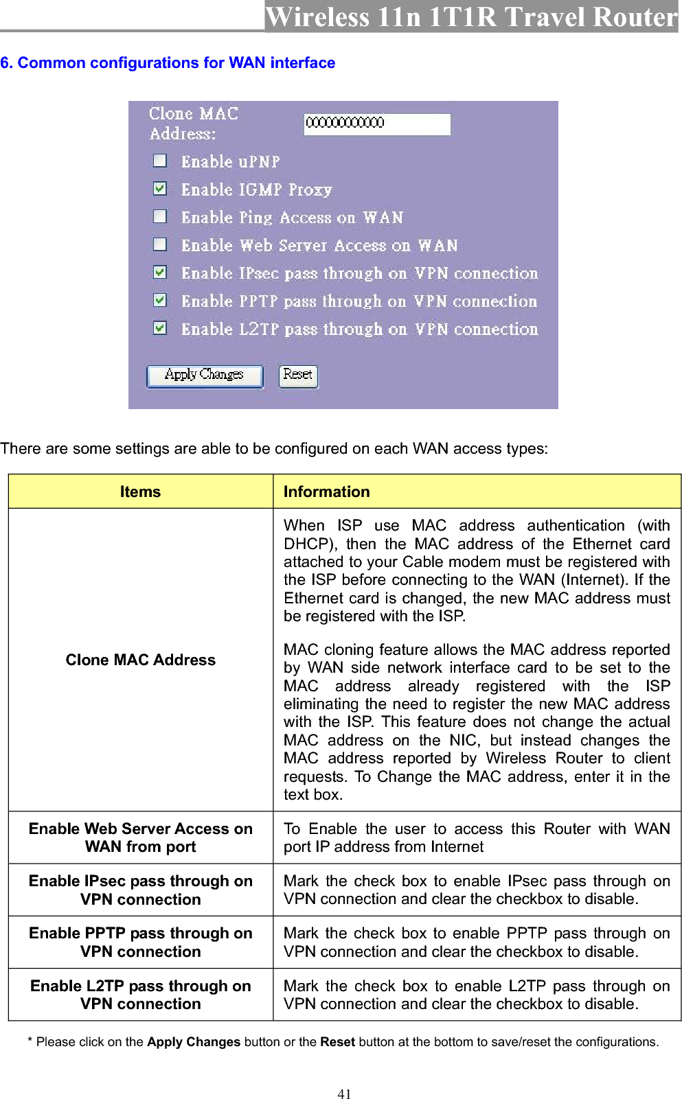 Wireless 11n 1T1R Travel Router 416. Common configurations for WAN interface There are some settings are able to be configured on each WAN access types: Items InformationClone MAC Address When ISP use MAC address authentication (with DHCP), then the MAC address of the Ethernet card attached to your Cable modem must be registered with the ISP before connecting to the WAN (Internet). If the Ethernet card is changed, the new MAC address must be registered with the ISP. MAC cloning feature allows the MAC address reported by WAN side network interface card to be set to the MAC address already registered with the ISP eliminating the need to register the new MAC address with the ISP. This feature does not change the actual MAC address on the NIC, but instead changes the MAC address reported by Wireless Router to client requests. To Change the MAC address, enter it in the text box. Enable Web Server Access on WAN from port To Enable the user to access this Router with WAN port IP address from Internet   Enable IPsec pass through on VPN connection Mark the check box to enable IPsec pass through on VPN connection and clear the checkbox to disable. Enable PPTP pass through on VPN connection Mark the check box to enable PPTP pass through on VPN connection and clear the checkbox to disable. Enable L2TP pass through on VPN connection Mark the check box to enable L2TP pass through on VPN connection and clear the checkbox to disable. * Please click on the Apply Changes button or the Reset button at the bottom to save/reset the configurations. 