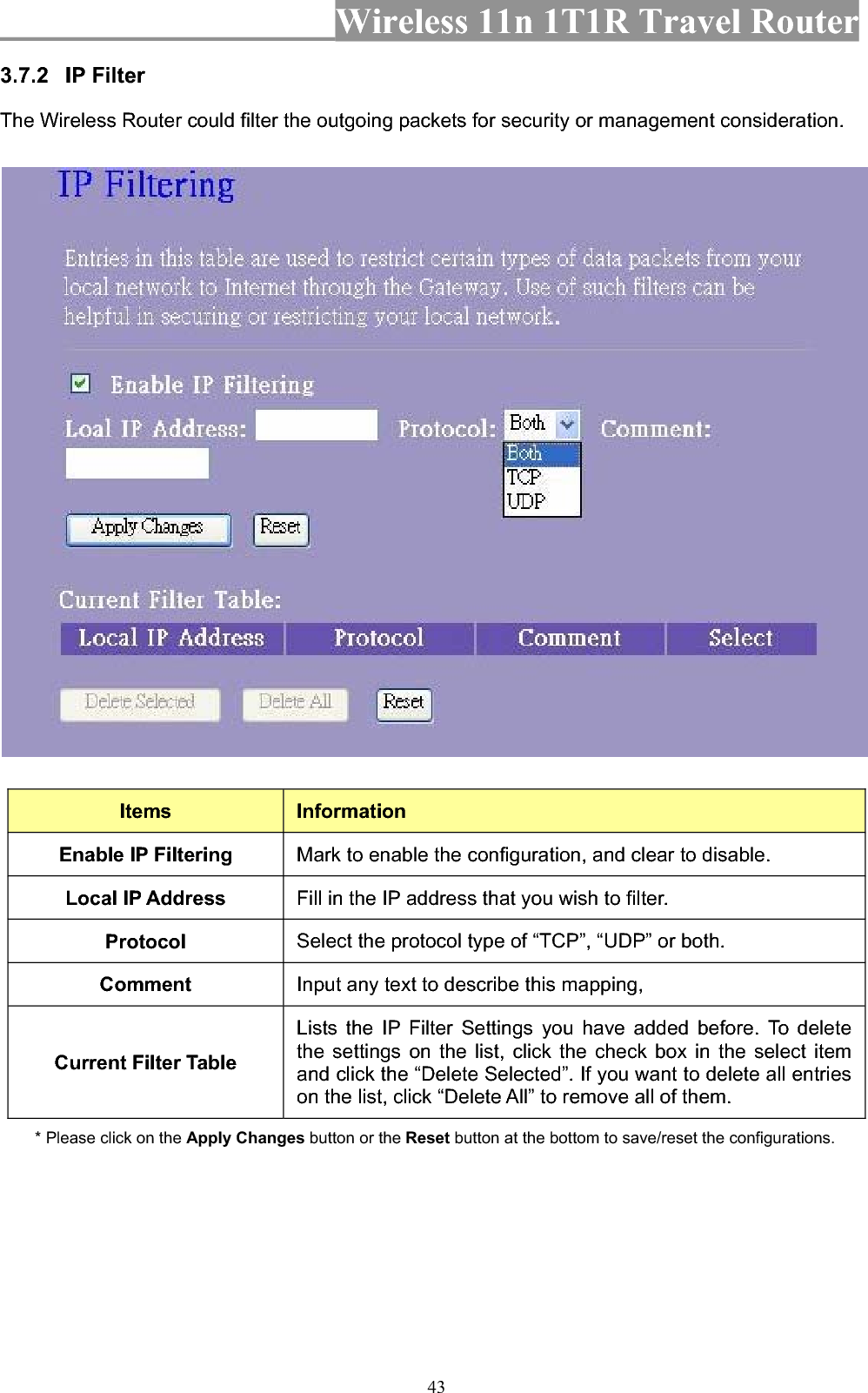 Wireless 11n 1T1R Travel Router 433.7.2 IP Filter   The Wireless Router could filter the outgoing packets for security or management consideration.   Items InformationEnable IP Filtering  Mark to enable the configuration, and clear to disable. Local IP Address  Fill in the IP address that you wish to filter. Protocol Select the protocol type of “TCP”, “UDP” or both. Comment Input any text to describe this mapping, Current Filter Table Lists the IP Filter Settings you have added before. To delete the settings on the list, click the check box in the select item and click the “Delete Selected”. If you want to delete all entries on the list, click “Delete All” to remove all of them. * Please click on the Apply Changes button or the Reset button at the bottom to save/reset the configurations. 