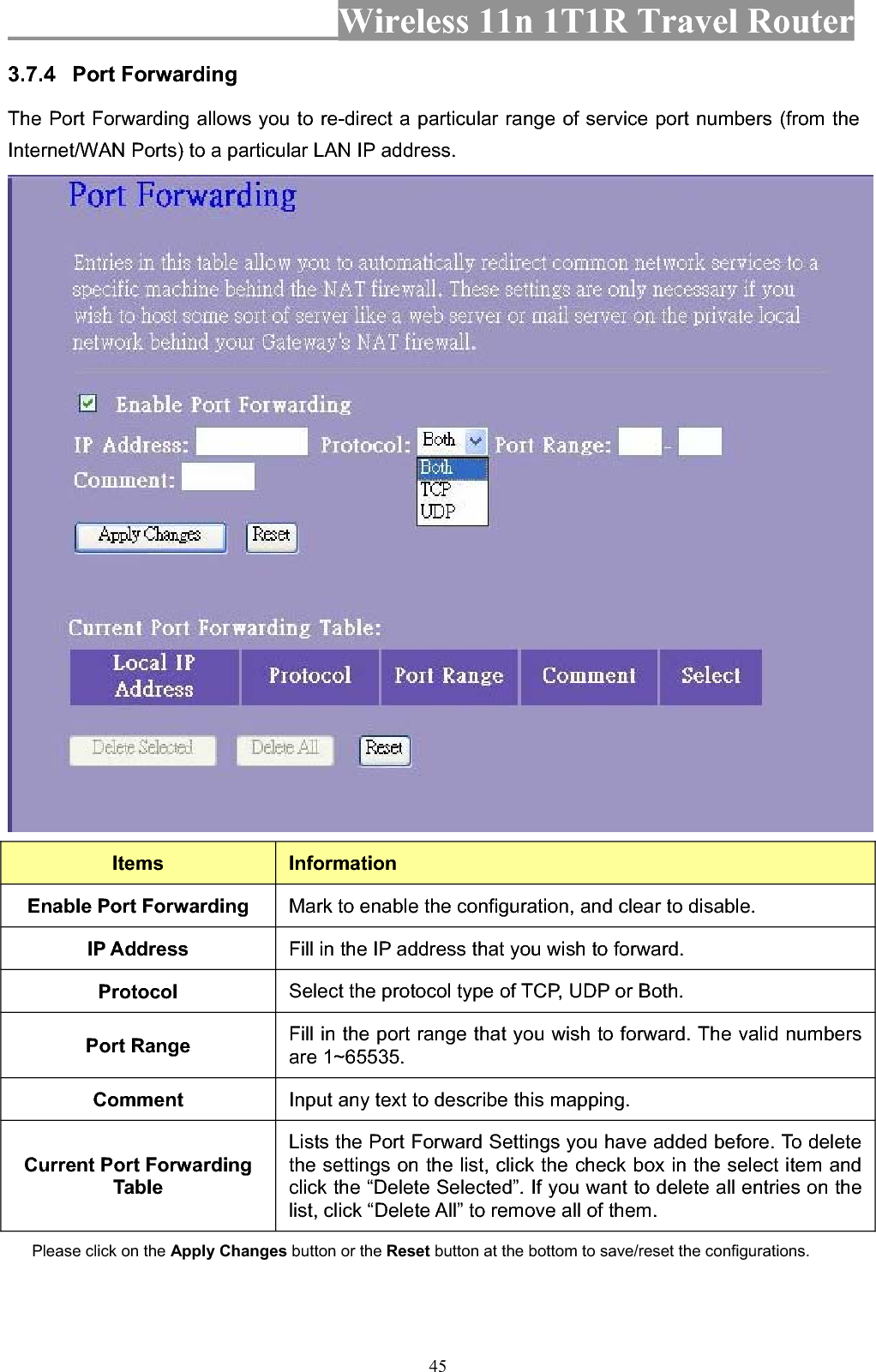 Wireless 11n 1T1R Travel Router 453.7.4 Port Forwarding   The Port Forwarding allows you to re-direct a particular range of service port numbers (from the Internet/WAN Ports) to a particular LAN IP address.   Items InformationEnable Port Forwarding  Mark to enable the configuration, and clear to disable. IP Address  Fill in the IP address that you wish to forward. Protocol Select the protocol type of TCP, UDP or Both. Port Range  Fill in the port range that you wish to forward. The valid numbers are 1~65535. Comment Input any text to describe this mapping. Current Port Forwarding Table Lists the Port Forward Settings you have added before. To delete the settings on the list, click the check box in the select item and click the “Delete Selected”. If you want to delete all entries on the list, click “Delete All” to remove all of them. Please click on the Apply Changes button or the Reset button at the bottom to save/reset the configurations. 