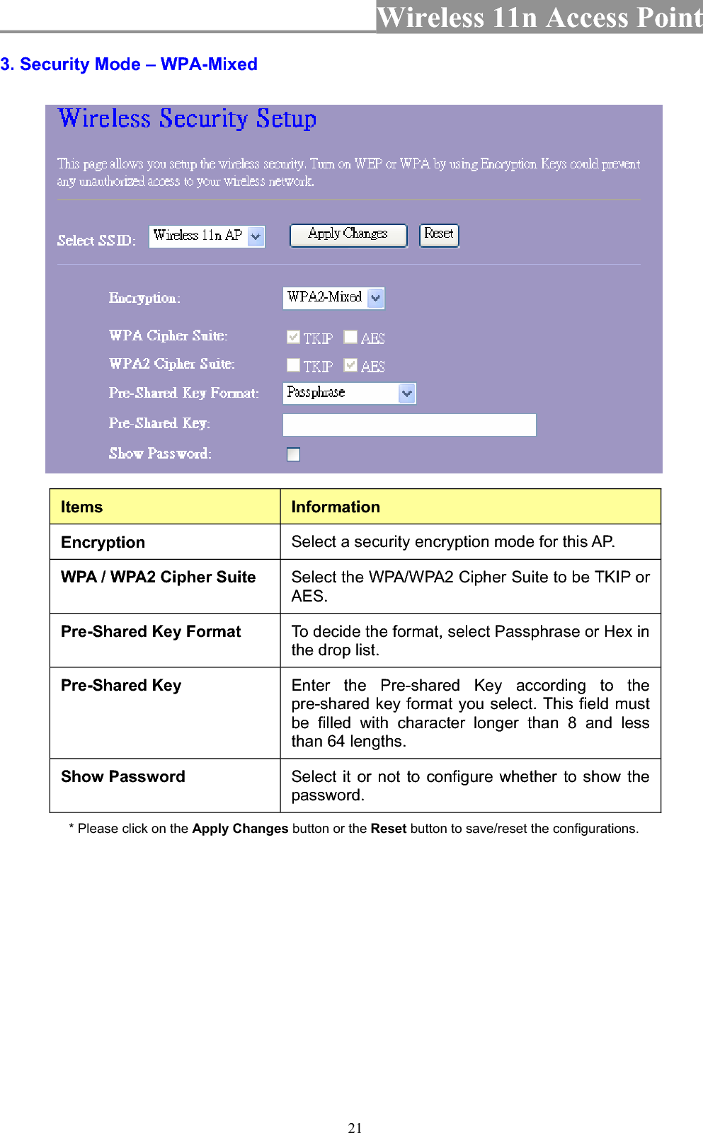 Wireless 11n Access Point 213. Security Mode – WPA-Mixed Items InformationEncryption  Select a security encryption mode for this AP. WPA / WPA2 Cipher Suite  Select the WPA/WPA2 Cipher Suite to be TKIP or AES.Pre-Shared Key Format  To decide the format, select Passphrase or Hex in the drop list. Pre-Shared Key  Enter the Pre-shared Key according to the pre-shared key format you select. This field must be filled with character longer than 8 and less than 64 lengths. Show Password  Select it or not to configure whether to show the password. * Please click on the Apply Changes button or the Reset button to save/reset the configurations. 