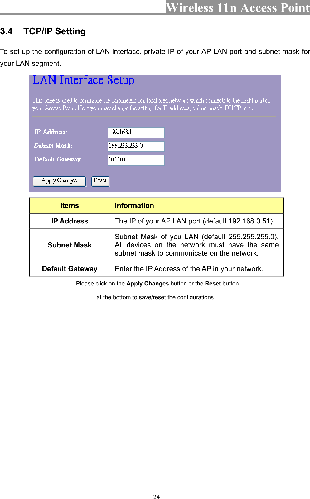 Wireless 11n Access Point 243.4 TCP/IP Setting To set up the configuration of LAN interface, private IP of your AP LAN port and subnet mask for your LAN segment. Items InformationIP Address  The IP of your AP LAN port (default 192.168.0.51). Subnet Mask Subnet Mask of you LAN (default 255.255.255.0). All devices on the network must have the same subnet mask to communicate on the network. Default Gateway  Enter the IP Address of the AP in your network. Please click on the Apply Changes button or the Reset button at the bottom to save/reset the configurations. 