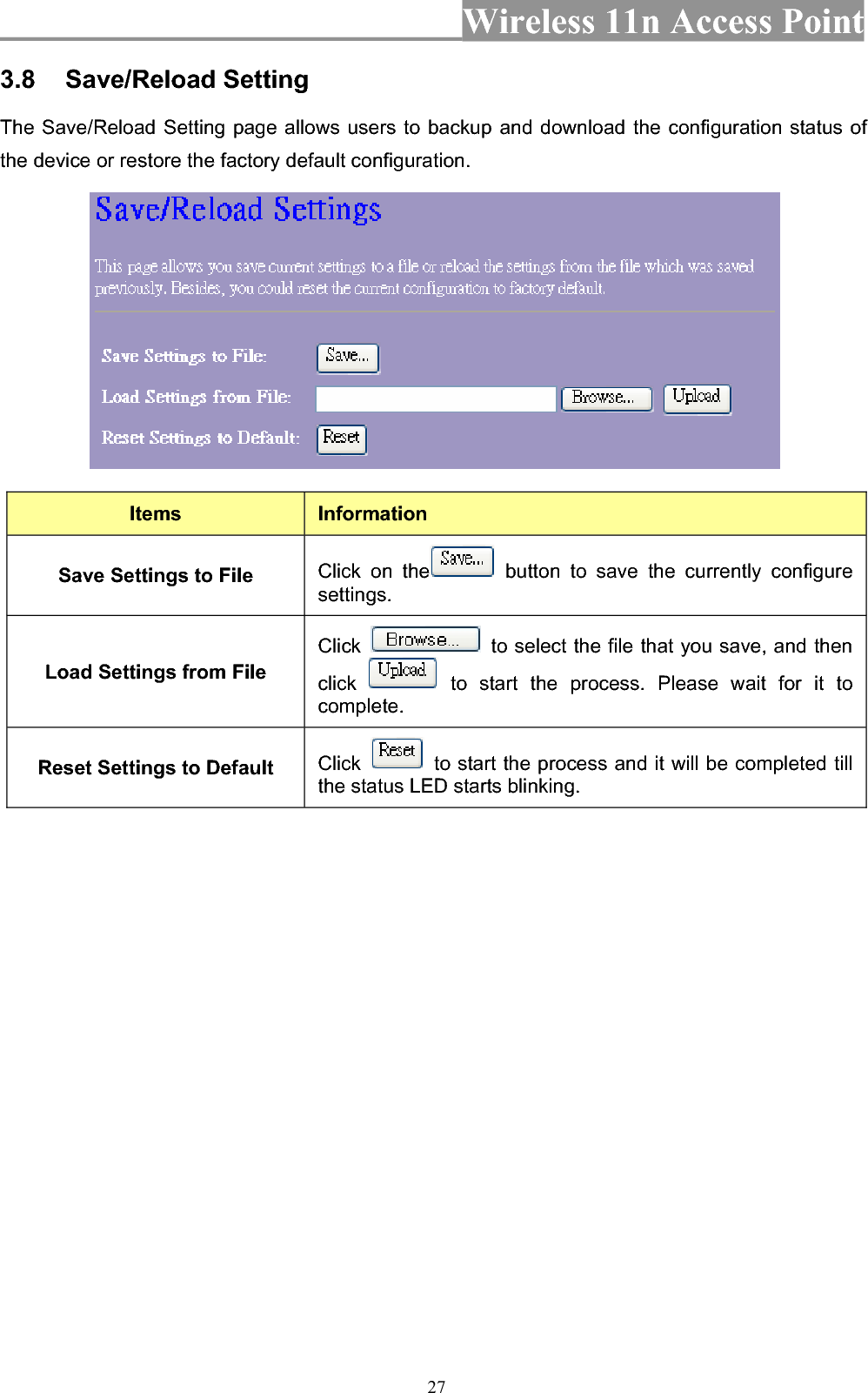 Wireless 11n Access Point 273.8 Save/Reload Setting   The Save/Reload Setting page allows users to backup and download the configuration status of the device or restore the factory default configuration. Items InformationSave Settings to File  Click on the  button to save the currently configure settings.Load Settings from File Click   to select the file that you save, and then click  to start the process. Please wait for it to complete.Reset Settings to Default  Click   to start the process and it will be completed till the status LED starts blinking. 