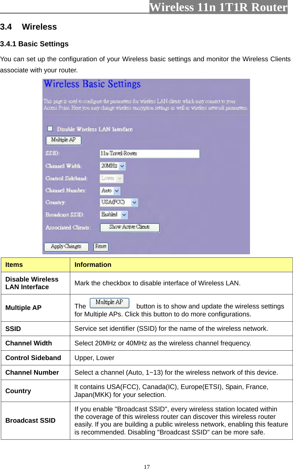                         Wireless 11n 1T1R Router   173.4  Wireless 3.4.1 Basic Settings   You can set up the configuration of your Wireless basic settings and monitor the Wireless Clients associate with your router.    Items  Information Disable Wireless LAN Interface  Mark the checkbox to disable interface of Wireless LAN. Multiple AP  The      button is to show and update the wireless settings for Multiple APs. Click this button to do more configurations. SSID  Service set identifier (SSID) for the name of the wireless network. Channel Width  Select 20MHz or 40MHz as the wireless channel frequency. Control Sideband  Upper, Lower Channel Number  Select a channel (Auto, 1~13) for the wireless network of this device.   Country  It contains USA(FCC), Canada(IC), Europe(ETSI), Spain, France, Japan(MKK) for your selection. Broadcast SSID If you enable &quot;Broadcast SSID&quot;, every wireless station located within the coverage of this wireless router can discover this wireless router easily. If you are building a public wireless network, enabling this feature is recommended. Disabling &quot;Broadcast SSID&quot; can be more safe. 