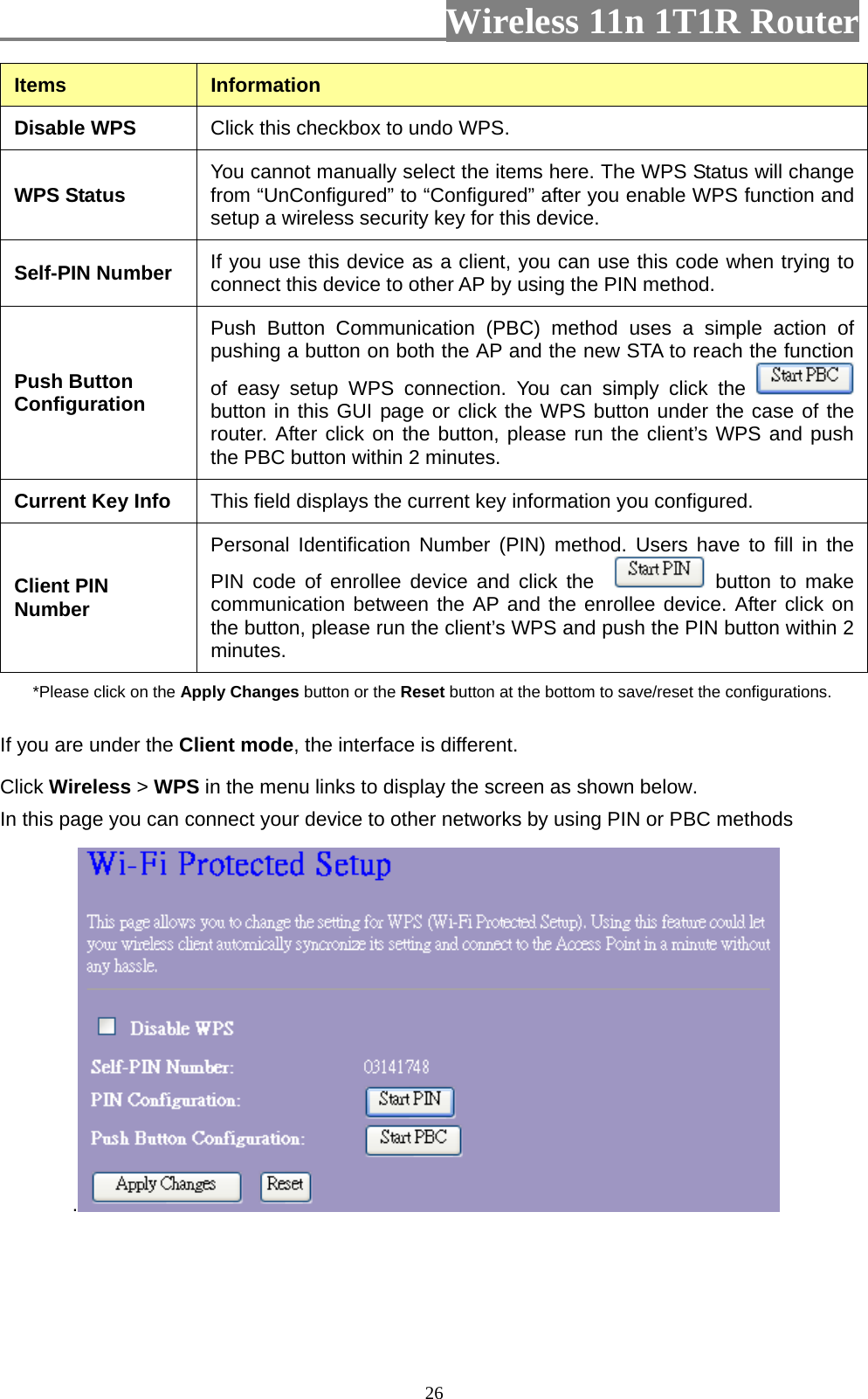                         Wireless 11n 1T1R Router   26Items  Information Disable WPS  Click this checkbox to undo WPS.   WPS Status  You cannot manually select the items here. The WPS Status will change from “UnConfigured” to “Configured” after you enable WPS function and setup a wireless security key for this device.   Self-PIN Number  If you use this device as a client, you can use this code when trying to connect this device to other AP by using the PIN method.   Push Button Configuration Push Button Communication (PBC) method uses a simple action of pushing a button on both the AP and the new STA to reach the function of easy setup WPS connection. You can simply click the   button in this GUI page or click the WPS button under the case of the router. After click on the button, please run the client’s WPS and push the PBC button within 2 minutes. Current Key Info  This field displays the current key information you configured. Client PIN Number Personal Identification Number (PIN) method. Users have to fill in the PIN code of enrollee device and click the    button to make communication between the AP and the enrollee device. After click on the button, please run the client’s WPS and push the PIN button within 2 minutes. *Please click on the Apply Changes button or the Reset button at the bottom to save/reset the configurations. If you are under the Client mode, the interface is different. Click Wireless &gt; WPS in the menu links to display the screen as shown below. In this page you can connect your device to other networks by using PIN or PBC methods .   