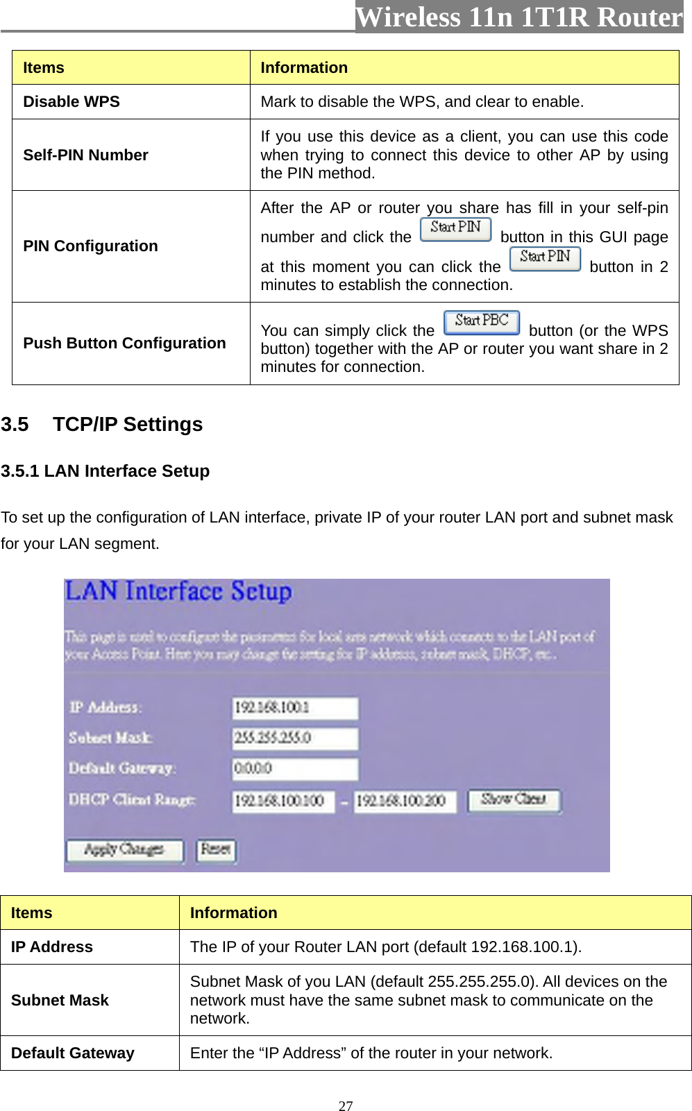                         Wireless 11n 1T1R Router   27Items  Information Disable WPS  Mark to disable the WPS, and clear to enable. Self-PIN Number  If you use this device as a client, you can use this code when trying to connect this device to other AP by using the PIN method.   PIN Configuration After the AP or router you share has fill in your self-pin number and click the   button in this GUI page at this moment you can click the   button in 2 minutes to establish the connection.   Push Button Configuration  You can simply click the   button (or the WPS button) together with the AP or router you want share in 2 minutes for connection.   3.5  TCP/IP Settings 3.5.1 LAN Interface Setup To set up the configuration of LAN interface, private IP of your router LAN port and subnet mask for your LAN segment.  Items  Information IP Address  The IP of your Router LAN port (default 192.168.100.1). Subnet Mask  Subnet Mask of you LAN (default 255.255.255.0). All devices on the network must have the same subnet mask to communicate on the network. Default Gateway  Enter the “IP Address” of the router in your network. 