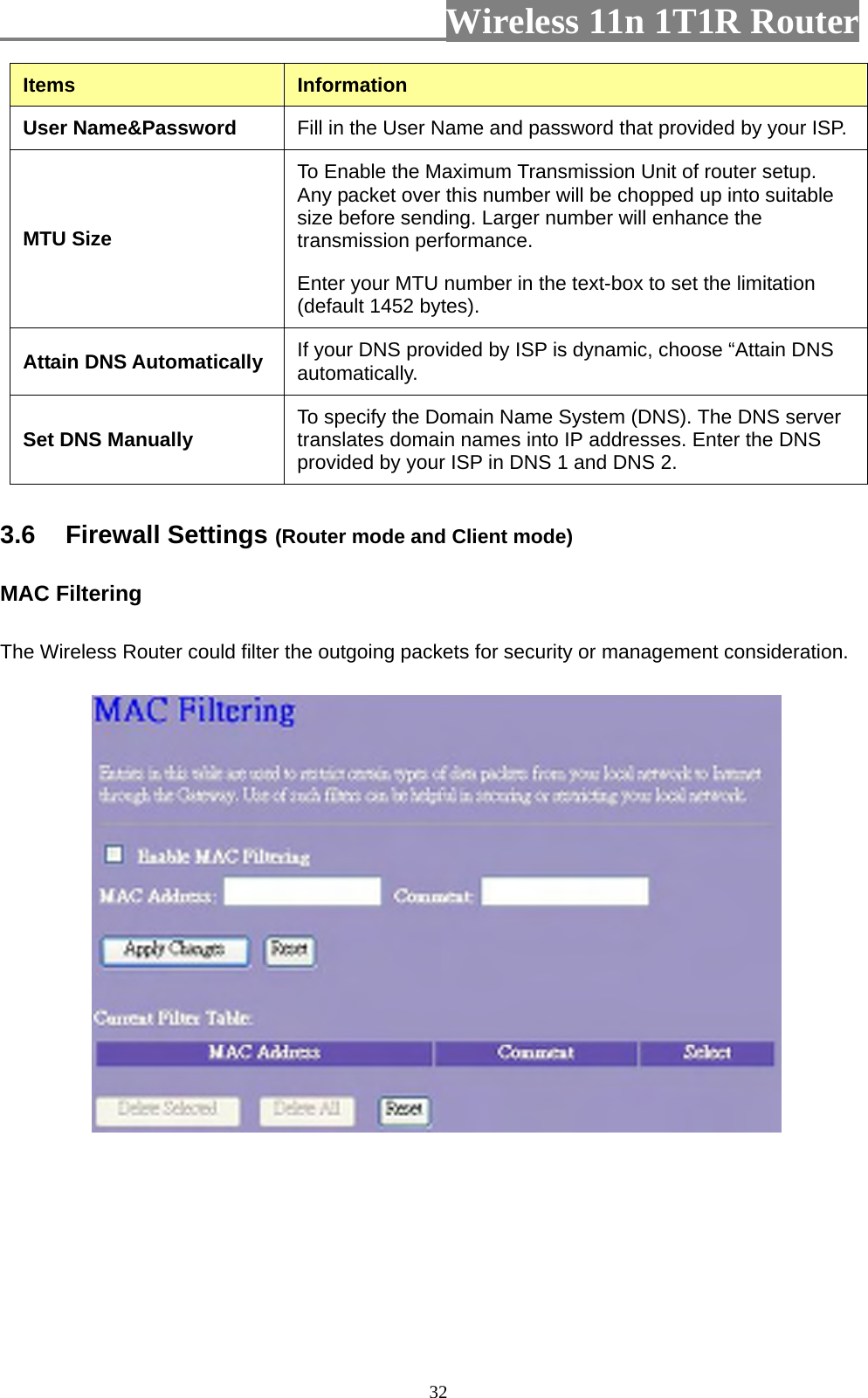                         Wireless 11n 1T1R Router   32Items  Information User Name&amp;Password    Fill in the User Name and password that provided by your ISP. MTU Size To Enable the Maximum Transmission Unit of router setup. Any packet over this number will be chopped up into suitable size before sending. Larger number will enhance the transmission performance.   Enter your MTU number in the text-box to set the limitation (default 1452 bytes). Attain DNS Automatically  If your DNS provided by ISP is dynamic, choose “Attain DNS automatically. Set DNS Manually  To specify the Domain Name System (DNS). The DNS server translates domain names into IP addresses. Enter the DNS provided by your ISP in DNS 1 and DNS 2. 3.6  Firewall Settings (Router mode and Client mode) MAC Filtering   The Wireless Router could filter the outgoing packets for security or management consideration.    