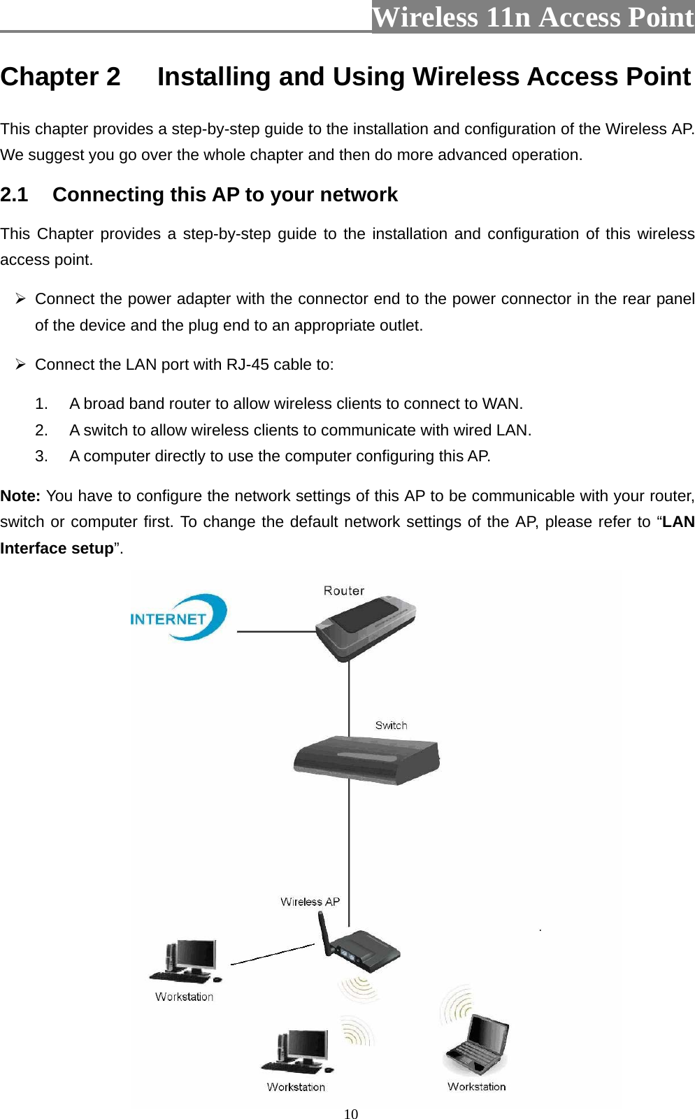                          Wireless 11n Access Point   10Chapter 2 Installing and Using Wireless Access Point This chapter provides a step-by-step guide to the installation and configuration of the Wireless AP. We suggest you go over the whole chapter and then do more advanced operation. 2.1  Connecting this AP to your network This Chapter provides a step-by-step guide to the installation and configuration of this wireless access point.    Connect the power adapter with the connector end to the power connector in the rear panel of the device and the plug end to an appropriate outlet.       Connect the LAN port with RJ-45 cable to: 1.  A broad band router to allow wireless clients to connect to WAN.   2.  A switch to allow wireless clients to communicate with wired LAN. 3.  A computer directly to use the computer configuring this AP. Note: You have to configure the network settings of this AP to be communicable with your router, switch or computer first. To change the default network settings of the AP, please refer to “LAN Interface setup”.  