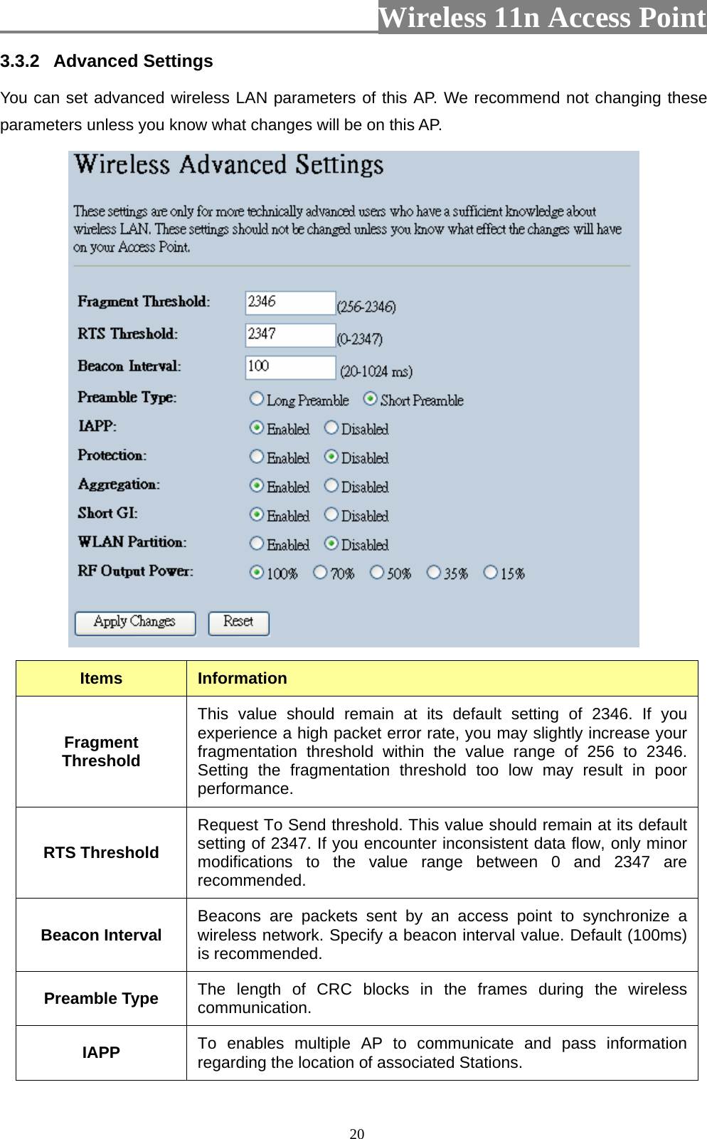                          Wireless 11n Access Point   203.3.2  Advanced Settings You can set advanced wireless LAN parameters of this AP. We recommend not changing these parameters unless you know what changes will be on this AP.  Items  Information Fragment Threshold This value should remain at its default setting of 2346. If you experience a high packet error rate, you may slightly increase your fragmentation threshold within the value range of 256 to 2346. Setting the fragmentation threshold too low may result in poor performance.  RTS Threshold Request To Send threshold. This value should remain at its default setting of 2347. If you encounter inconsistent data flow, only minor modifications to the value range between 0 and 2347 are recommended.  Beacon Interval  Beacons are packets sent by an access point to synchronize a wireless network. Specify a beacon interval value. Default (100ms) is recommended.   Preamble Type  The length of CRC blocks in the frames during the wireless communication.  IAPP  To enables multiple AP to communicate and pass information regarding the location of associated Stations. 