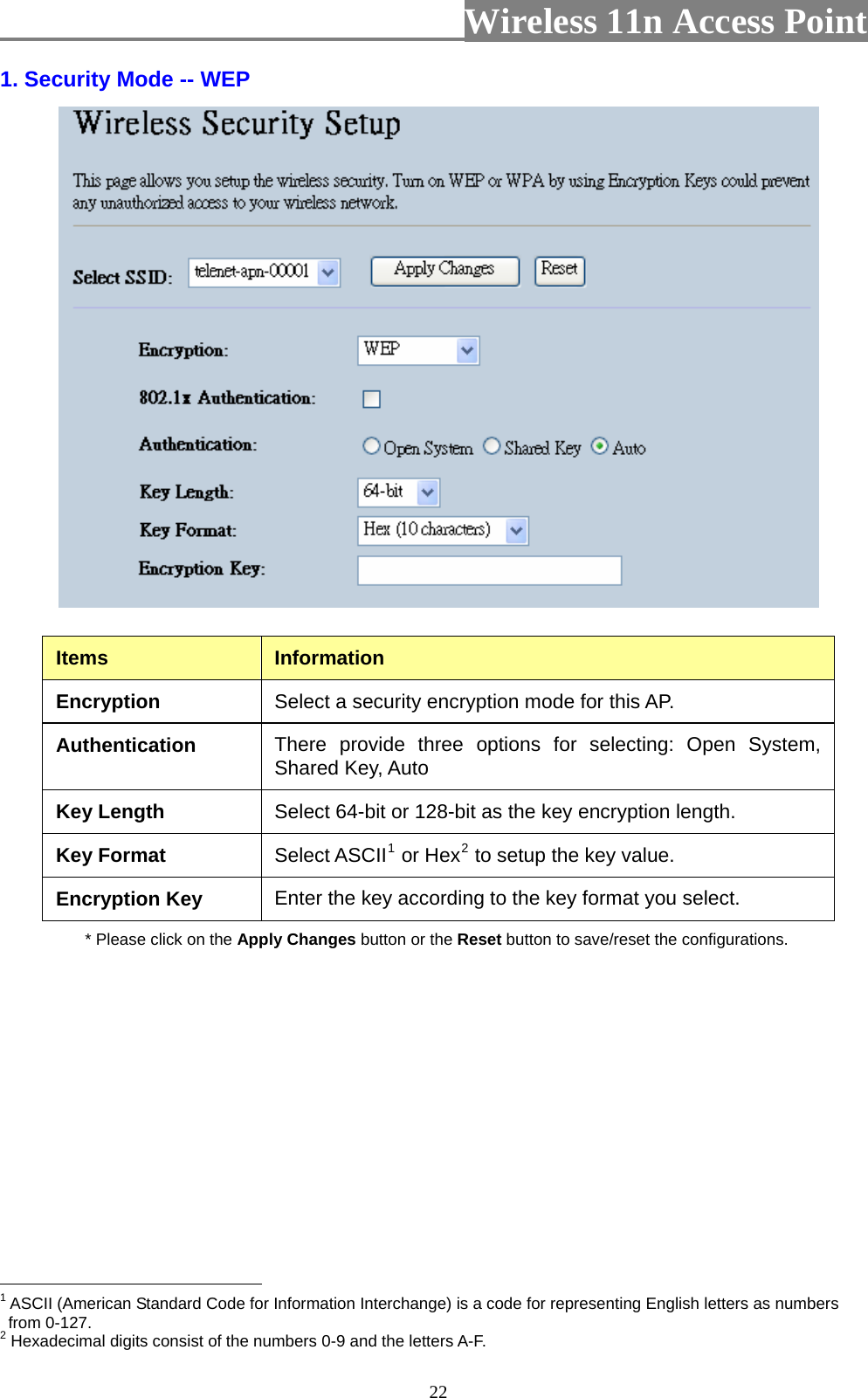                          Wireless 11n Access Point   221. Security Mode -- WEP  Items  Information Encryption  Select a security encryption mode for this AP.   Authentication  There provide three options for selecting: Open System, Shared Key, Auto Key Length  Select 64-bit or 128-bit as the key encryption length. Key Format  Select ASCII1 or Hex2 to setup the key value. Encryption Key  Enter the key according to the key format you select. * Please click on the Apply Changes button or the Reset button to save/reset the configurations.                                                   1 ASCII (American Standard Code for Information Interchange) is a code for representing English letters as numbers from 0-127. 2 Hexadecimal digits consist of the numbers 0-9 and the letters A-F. 