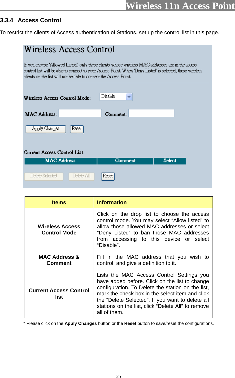                          Wireless 11n Access Point   253.3.4  Access Control To restrict the clients of Access authentication of Stations, set up the control list in this page.    Items  Information Wireless Access Control Mode Click on the drop list to choose the access control mode. You may select “Allow listed” to allow those allowed MAC addresses or select “Deny Listed” to ban those MAC addresses from accessing to this device or select “Disable”. MAC Address &amp; Comment  Fill in the MAC address that you wish to control, and give a definition to it. Current Access Control list Lists the MAC Access Control Settings you have added before. Click on the list to change configuration. To Delete the station on the list, mark the check box in the select item and click the “Delete Selected”. If you want to delete all stations on the list, click “Delete All” to remove all of them. * Please click on the Apply Changes button or the Reset button to save/reset the configurations.  