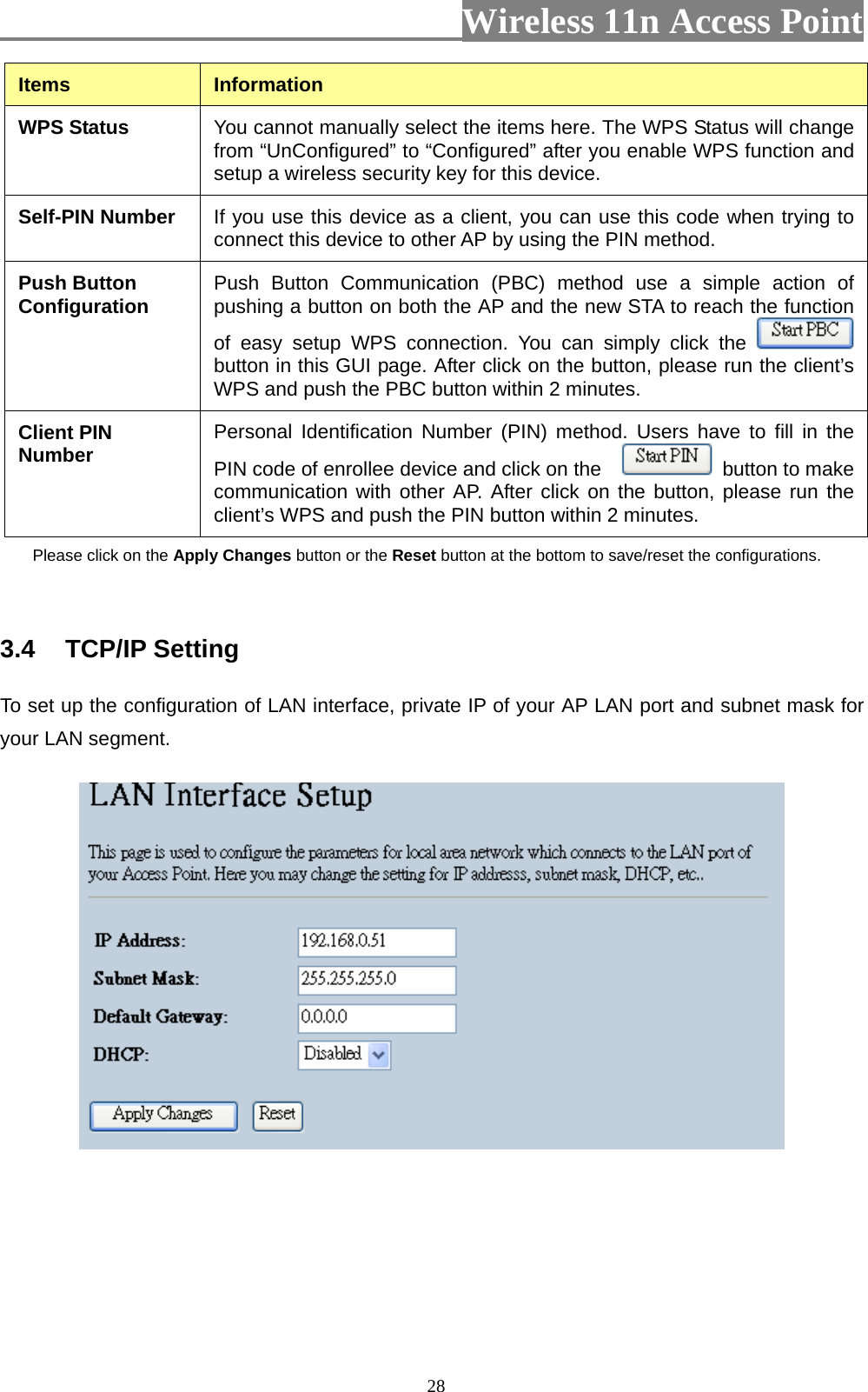                          Wireless 11n Access Point   28Items  Information WPS Status  You cannot manually select the items here. The WPS Status will change from “UnConfigured” to “Configured” after you enable WPS function and setup a wireless security key for this device.   Self-PIN Number  If you use this device as a client, you can use this code when trying to connect this device to other AP by using the PIN method.   Push Button Configuration  Push Button Communication (PBC) method use a simple action of pushing a button on both the AP and the new STA to reach the function of easy setup WPS connection. You can simply click the   button in this GUI page. After click on the button, please run the client’s WPS and push the PBC button within 2 minutes. Client PIN Number  Personal Identification Number (PIN) method. Users have to fill in the PIN code of enrollee device and click on the      button to make communication with other AP. After click on the button, please run the client’s WPS and push the PIN button within 2 minutes. Please click on the Apply Changes button or the Reset button at the bottom to save/reset the configurations.  3.4  TCP/IP Setting To set up the configuration of LAN interface, private IP of your AP LAN port and subnet mask for your LAN segment.  