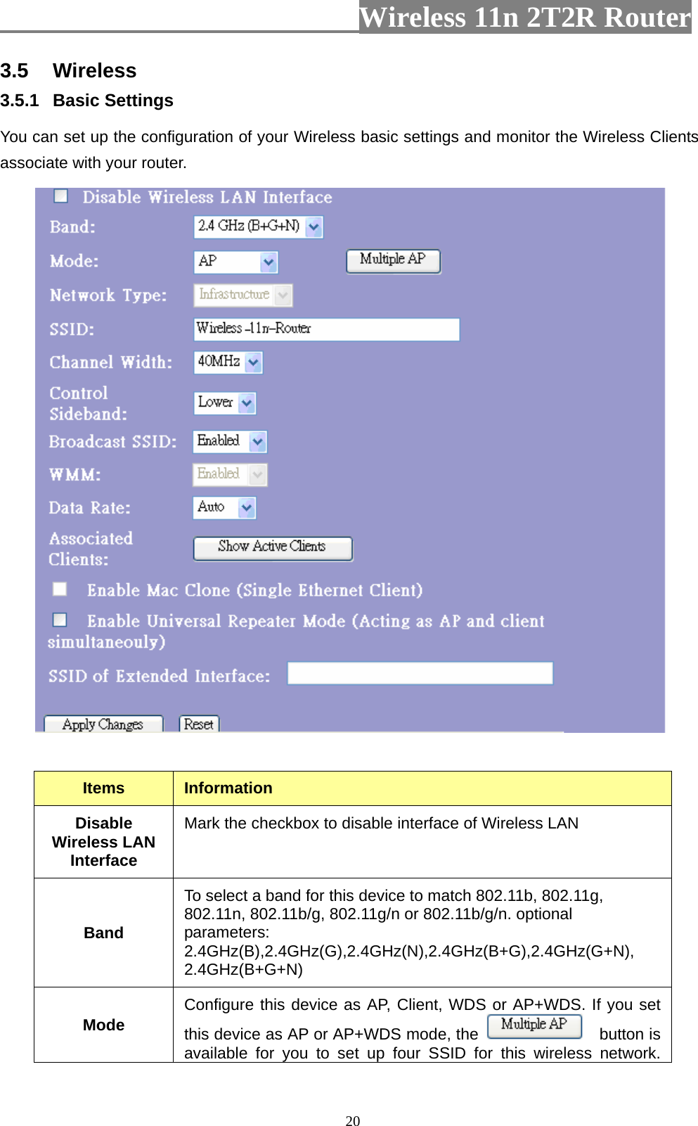                         Wireless 11n 2T2R Router   203.5  Wireless 3.5.1  Basic Settings   You can set up the configuration of your Wireless basic settings and monitor the Wireless Clients associate with your router.     Items  Information Disable Wireless LAN Interface Mark the checkbox to disable interface of Wireless LAN Band To select a band for this device to match 802.11b, 802.11g, 802.11n, 802.11b/g, 802.11g/n or 802.11b/g/n. optional parameters: 2.4GHz(B),2.4GHz(G),2.4GHz(N),2.4GHz(B+G),2.4GHz(G+N), 2.4GHz(B+G+N) Mode  Configure this device as AP, Client, WDS or AP+WDS. If you set this device as AP or AP+WDS mode, the    button is available for you to set up four SSID for this wireless network. 