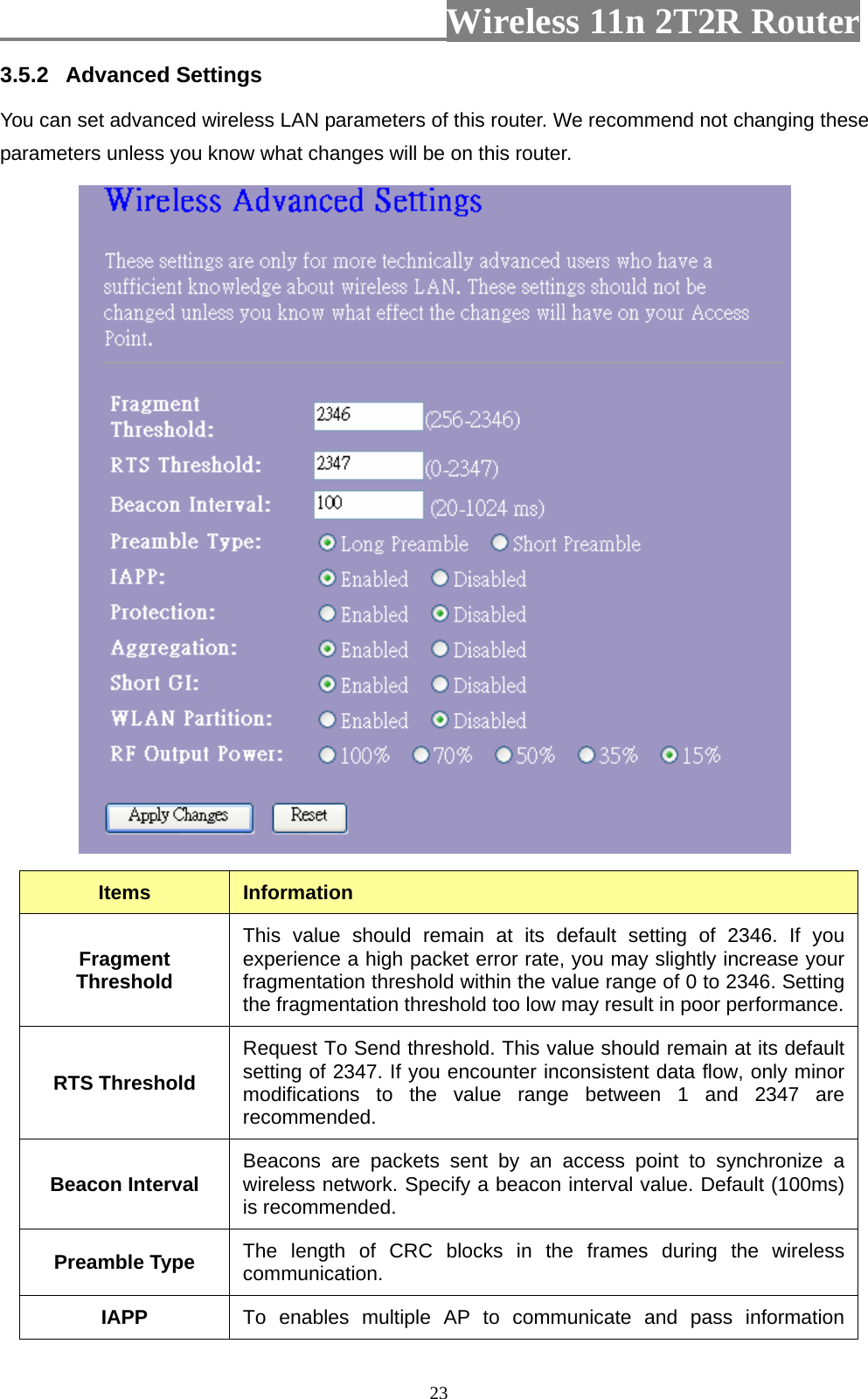                         Wireless 11n 2T2R Router   233.5.2  Advanced Settings You can set advanced wireless LAN parameters of this router. We recommend not changing these parameters unless you know what changes will be on this router.  Items  Information Fragment Threshold This value should remain at its default setting of 2346. If you experience a high packet error rate, you may slightly increase your fragmentation threshold within the value range of 0 to 2346. Setting the fragmentation threshold too low may result in poor performance. RTS Threshold Request To Send threshold. This value should remain at its default setting of 2347. If you encounter inconsistent data flow, only minor modifications to the value range between 1 and 2347 are recommended.  Beacon Interval  Beacons are packets sent by an access point to synchronize a wireless network. Specify a beacon interval value. Default (100ms) is recommended.   Preamble Type  The length of CRC blocks in the frames during the wireless communication.  IAPP  To enables multiple AP to communicate and pass information 