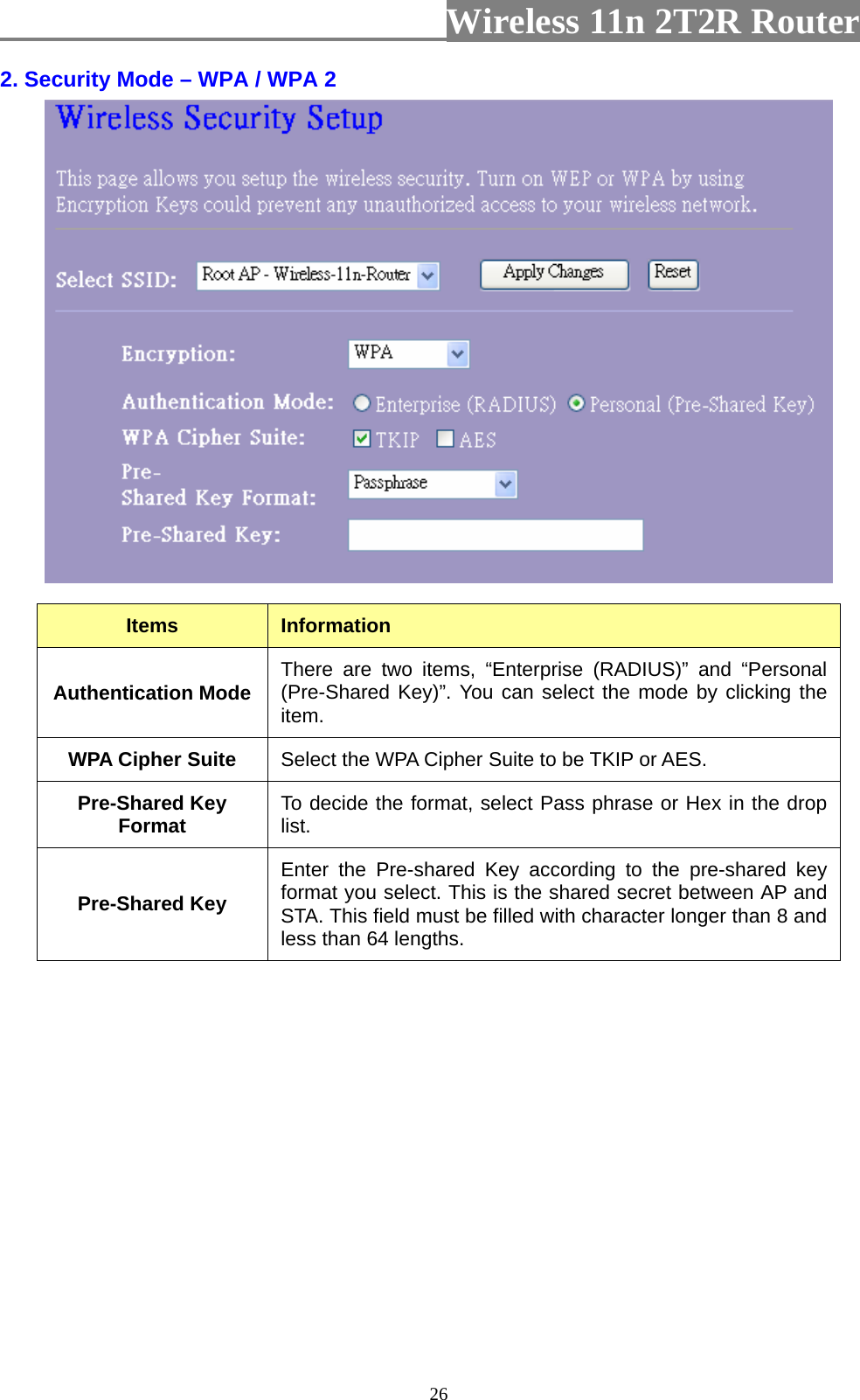                         Wireless 11n 2T2R Router   262. Security Mode – WPA / WPA 2    Items  Information Authentication Mode  There are two items, “Enterprise (RADIUS)” and “Personal (Pre-Shared Key)”. You can select the mode by clicking the item. WPA Cipher Suite  Select the WPA Cipher Suite to be TKIP or AES. Pre-Shared Key Format  To decide the format, select Pass phrase or Hex in the drop list. Pre-Shared Key Enter the Pre-shared Key according to the pre-shared key format you select. This is the shared secret between AP and STA. This field must be filled with character longer than 8 and less than 64 lengths. 