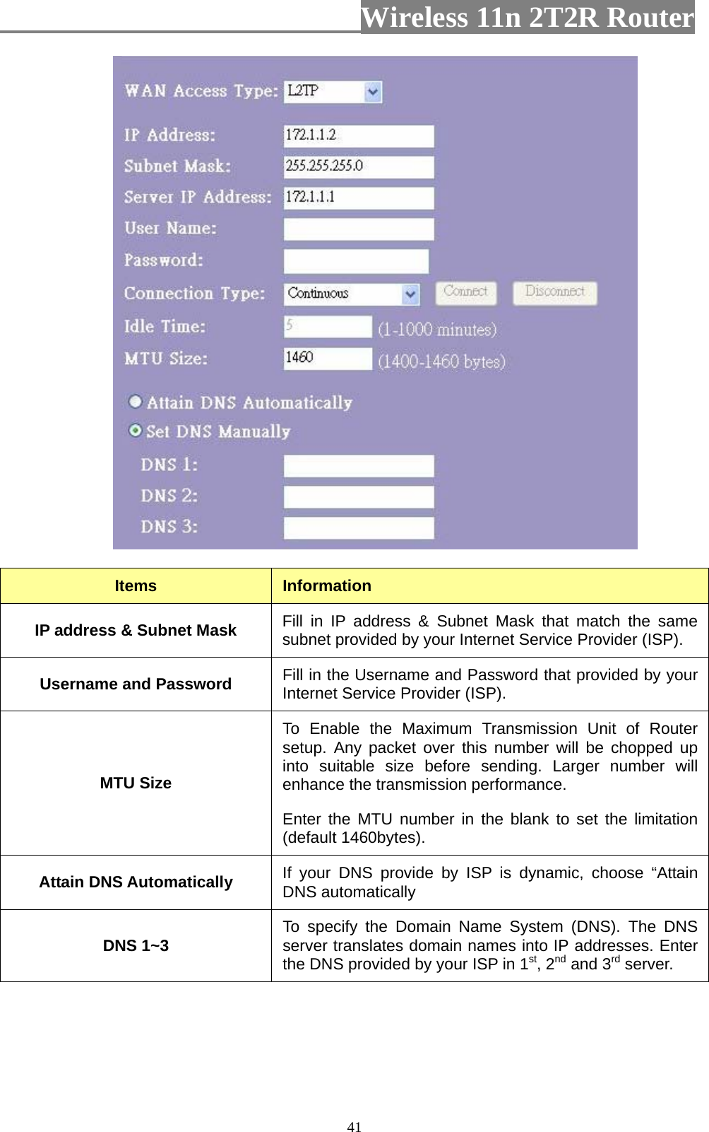                         Wireless 11n 2T2R Router   41 Items  Information IP address &amp; Subnet Mask  Fill in IP address &amp; Subnet Mask that match the same subnet provided by your Internet Service Provider (ISP). Username and Password  Fill in the Username and Password that provided by your Internet Service Provider (ISP). MTU Size To Enable the Maximum Transmission Unit of Router setup. Any packet over this number will be chopped up into suitable size before sending. Larger number will enhance the transmission performance.   Enter the MTU number in the blank to set the limitation (default 1460bytes). Attain DNS Automatically  If your DNS provide by ISP is dynamic, choose “Attain DNS automatically DNS 1~3  To specify the Domain Name System (DNS). The DNS server translates domain names into IP addresses. Enter the DNS provided by your ISP in 1st, 2nd and 3rd server.    