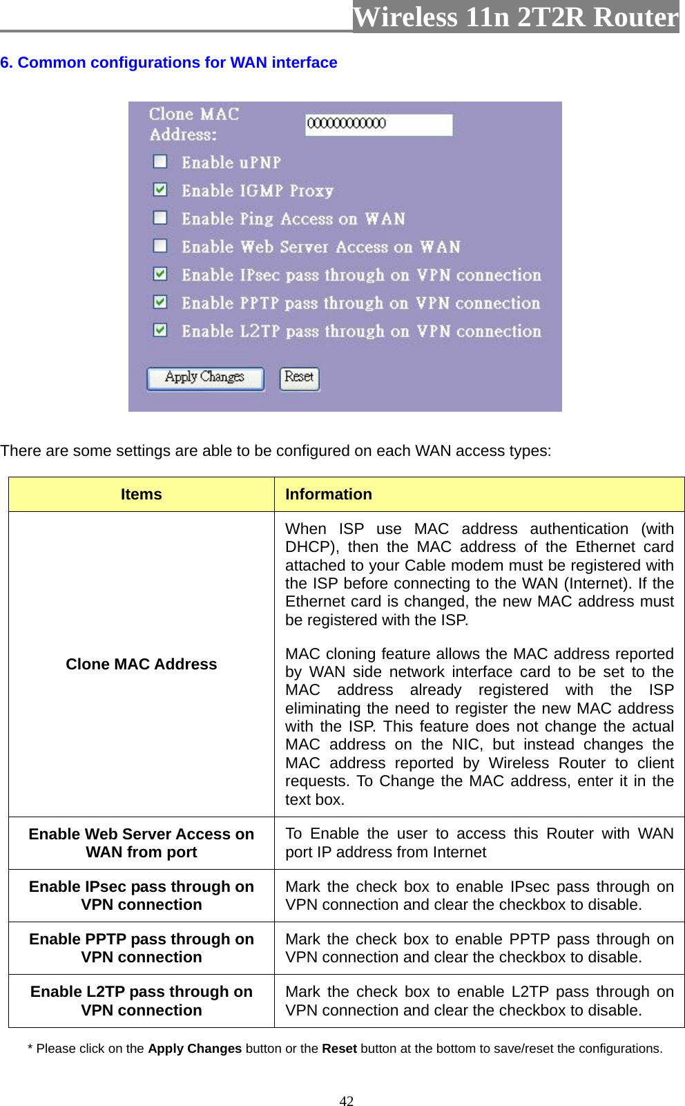                         Wireless 11n 2T2R Router   426. Common configurations for WAN interface  There are some settings are able to be configured on each WAN access types: Items  Information Clone MAC Address When ISP use MAC address authentication (with DHCP), then the MAC address of the Ethernet card attached to your Cable modem must be registered with the ISP before connecting to the WAN (Internet). If the Ethernet card is changed, the new MAC address must be registered with the ISP. MAC cloning feature allows the MAC address reported by WAN side network interface card to be set to the MAC address already registered with the ISP eliminating the need to register the new MAC address with the ISP. This feature does not change the actual MAC address on the NIC, but instead changes the MAC address reported by Wireless Router to client requests. To Change the MAC address, enter it in the text box. Enable Web Server Access on WAN from port  To Enable the user to access this Router with WAN port IP address from Internet   Enable IPsec pass through on VPN connection  Mark the check box to enable IPsec pass through on VPN connection and clear the checkbox to disable. Enable PPTP pass through on VPN connection  Mark the check box to enable PPTP pass through on VPN connection and clear the checkbox to disable. Enable L2TP pass through on VPN connection  Mark the check box to enable L2TP pass through on VPN connection and clear the checkbox to disable. * Please click on the Apply Changes button or the Reset button at the bottom to save/reset the configurations. 