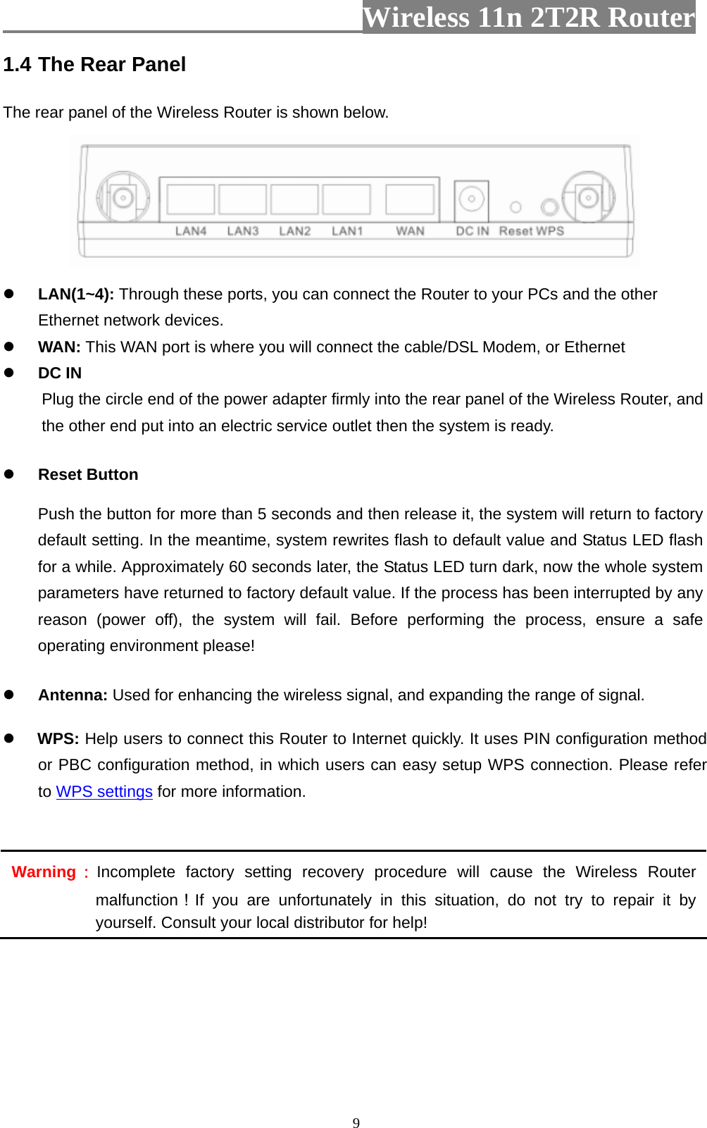                         Wireless 11n 2T2R Router   91.4 The Rear Panel  The rear panel of the Wireless Router is shown below.   LAN(1~4): Through these ports, you can connect the Router to your PCs and the other Ethernet network devices.    WAN: This WAN port is where you will connect the cable/DSL Modem, or Ethernet  DC IN Plug the circle end of the power adapter firmly into the rear panel of the Wireless Router, and the other end put into an electric service outlet then the system is ready.    Reset Button Push the button for more than 5 seconds and then release it, the system will return to factory default setting. In the meantime, system rewrites flash to default value and Status LED flash for a while. Approximately 60 seconds later, the Status LED turn dark, now the whole system parameters have returned to factory default value. If the process has been interrupted by any reason (power off), the system will fail. Before performing the process, ensure a safe operating environment please!  Antenna: Used for enhancing the wireless signal, and expanding the range of signal.   WPS: Help users to connect this Router to Internet quickly. It uses PIN configuration method or PBC configuration method, in which users can easy setup WPS connection. Please refer to WPS settings for more information.  Warning：Incomplete factory setting recovery procedure will cause the Wireless Router malfunction！If you are unfortunately in this situation, do not try to repair it by yourself. Consult your local distributor for help!    
