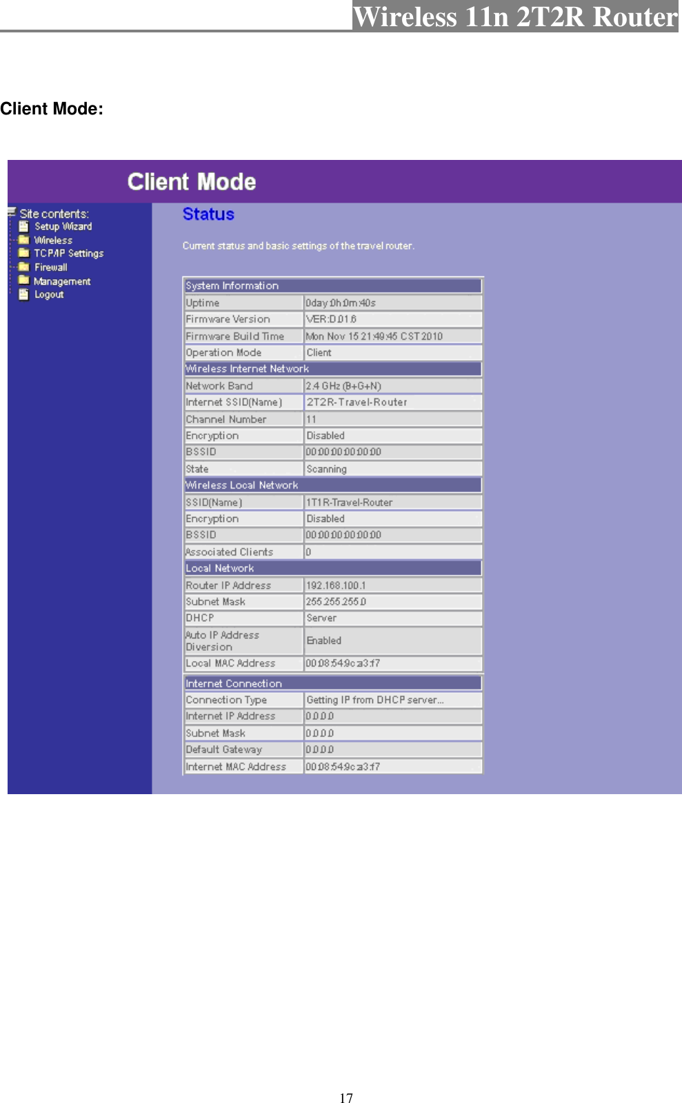                                           Wireless 11n 2T2R Router    17  Client Mode:             