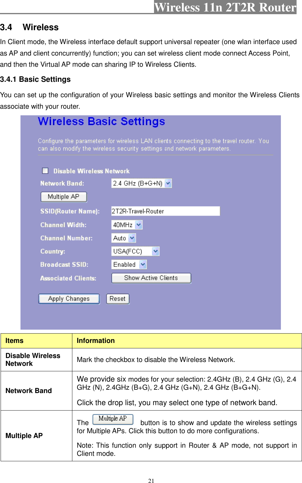                                           Wireless 11n 2T2R Router    21 3.4  Wireless In Client mode, the Wireless interface default support universal repeater (one wlan interface used as AP and client concurrently) function; you can set wireless client mode connect Access Point, and then the Virtual AP mode can sharing IP to Wireless Clients. 3.4.1 Basic Settings   You can set up the configuration of your Wireless basic settings and monitor the Wireless Clients associate with your router.    Items  Information Disable Wireless Network  Mark the checkbox to disable the Wireless Network. Network Band We provide six modes for your selection: 2.4GHz (B), 2.4 GHz (G), 2.4 GHz (N), 2.4GHz (B+G), 2.4 GHz (G+N), 2.4 GHz (B+G+N).  Click the drop list, you may select one type of network band.   Multiple AP The      button is to show and update the wireless settings for Multiple APs. Click this button to do more configurations.   Note: This function only support in Router &amp; AP mode, not support in Client mode. 