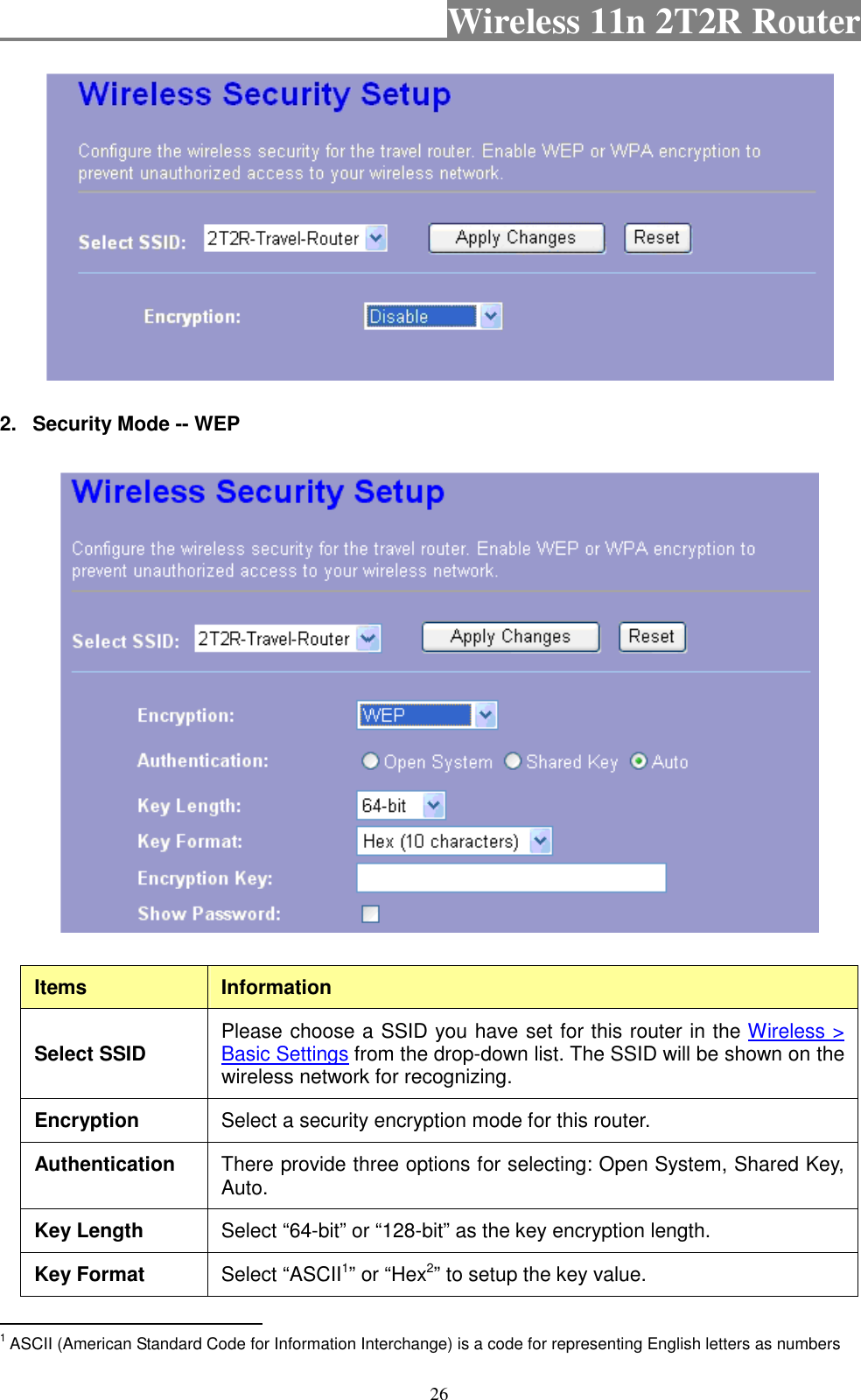                                           Wireless 11n 2T2R Router    26  2.  Security Mode -- WEP  Items  Information Select SSID  Please choose a SSID you have set for this router in the Wireless &gt; Basic Settings from the drop-down list. The SSID will be shown on the wireless network for recognizing. Encryption  Select a security encryption mode for this router. Authentication  There provide three options for selecting: Open System, Shared Key, Auto. Key Length  Select “64-bit” or “128-bit” as the key encryption length. Key Format  Select “ASCII1” or “Hex2” to setup the key value.                                                  1 ASCII (American Standard Code for Information Interchange) is a code for representing English letters as numbers 