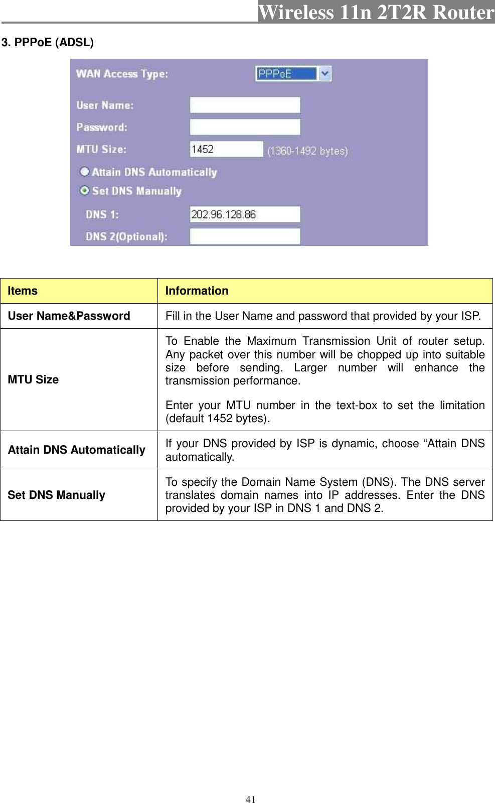                                           Wireless 11n 2T2R Router    41 3. PPPoE (ADSL)    Items  Information User Name&amp;Password    Fill in the User Name and password that provided by your ISP. MTU Size To  Enable  the  Maximum  Transmission  Unit  of  router  setup. Any packet over this number will be chopped up into suitable size  before  sending.  Larger  number  will  enhance  the transmission performance.   Enter  your  MTU  number  in  the  text-box  to  set  the  limitation (default 1452 bytes). Attain DNS Automatically  If your DNS provided by ISP is dynamic, choose “Attain DNS automatically. Set DNS Manually  To specify the Domain Name System (DNS). The DNS server translates  domain  names  into  IP  addresses.  Enter  the  DNS provided by your ISP in DNS 1 and DNS 2. 