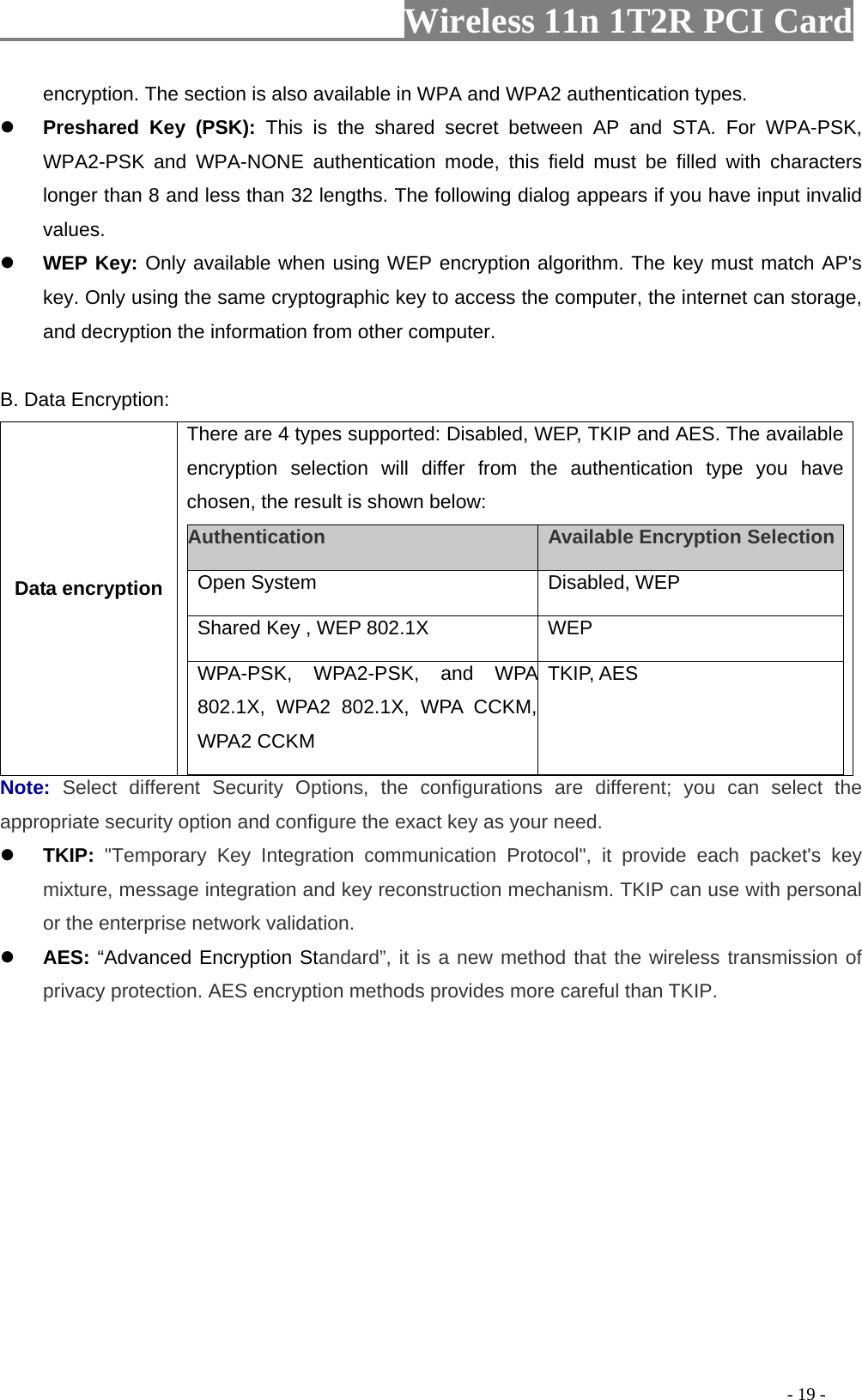                   Wireless 11n 1T2R PCI Card       encryption. The section is also available in WPA and WPA2 authentication types.  Preshared Key (PSK): This is the shared secret between AP and STA. For WPA-PSK, WPA2-PSK and WPA-NONE authentication mode, this field must be filled with characters longer than 8 and less than 32 lengths. The following dialog appears if you have input invalid values.  WEP Key: Only available when using WEP encryption algorithm. The key must match AP&apos;s key. Only using the same cryptographic key to access the computer, the internet can storage, and decryption the information from other computer.  B. Data Encryption: Data encryption There are 4 types supported: Disabled, WEP, TKIP and AES. The available encryption selection will differ from the authentication type you have chosen, the result is shown below:   Authentication    Available Encryption Selection  Open System   Disabled, WEP    Shared Key , WEP 802.1X    WEP   WPA-PSK, WPA2-PSK, and WPA 802.1X, WPA2 802.1X, WPA CCKM, WPA2 CCKM TKIP, AES  Note:  Select different Security Options, the configurations are different; you can select the appropriate security option and configure the exact key as your need.  TKIP: &quot;Temporary Key Integration communication Protocol&quot;, it provide each packet&apos;s key mixture, message integration and key reconstruction mechanism. TKIP can use with personal or the enterprise network validation.  AES: “Advanced Encryption Standard”, it is a new method that the wireless transmission of privacy protection. AES encryption methods provides more careful than TKIP.                                                                                                   - 19 - 