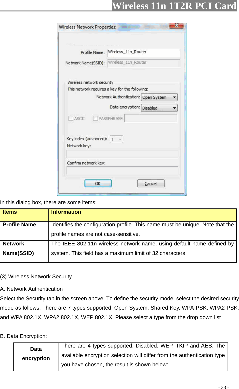                   Wireless 11n 1T2R PCI Card        In this dialog box, there are some items: Items Information Profile Name Identifies the configuration profile .This name must be unique. Note that the profile names are not case-sensitive. Network Name(SSID)   The IEEE 802.11n wireless network name, using default name defined by system. This field has a maximum limit of 32 characters.  (3) Wireless Network Security A. Network Authentication Select the Security tab in the screen above. To define the security mode, select the desired security mode as follows. There are 7 types supported: Open System, Shared Key, WPA-PSK, WPA2-PSK, and WPA 802.1X, WPA2 802.1X, WEP 802.1X, Please select a type from the drop down list  B. Data Encryption: Data encryption There are 4 types supported: Disabled, WEP, TKIP and AES. The available encryption selection will differ from the authentication type you have chosen, the result is shown below:                                                                                           - 33 - 