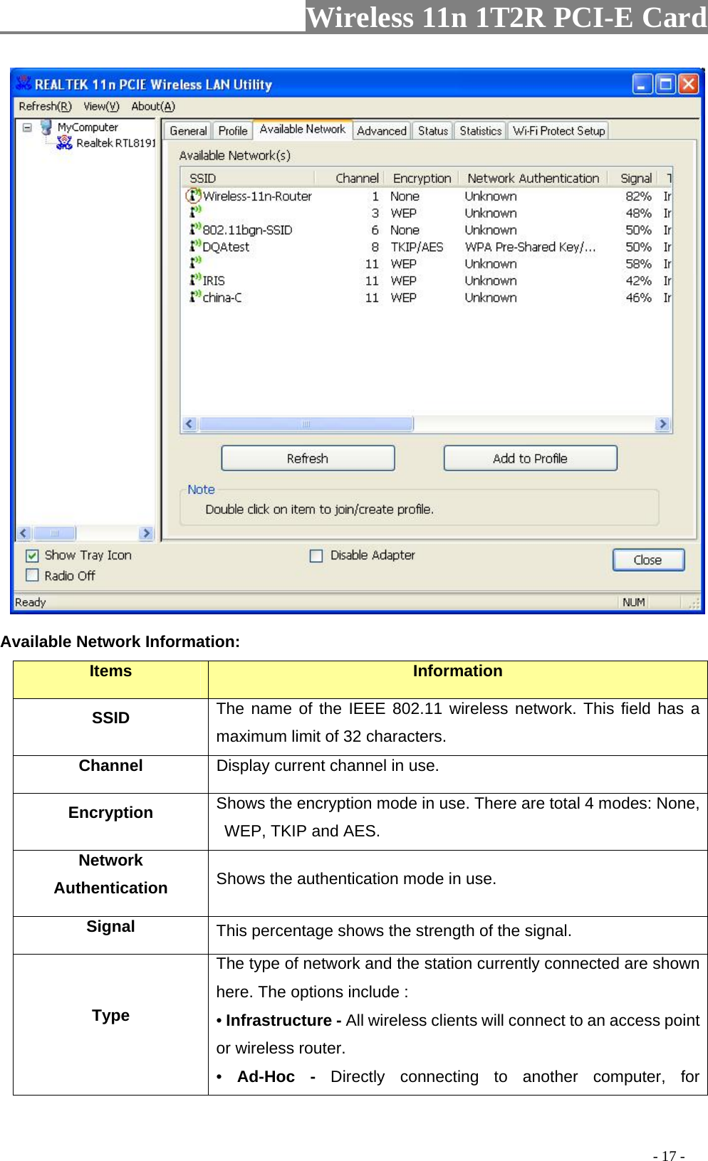                     Wireless 11n 1T2R PCI-E Card                                                                                          - 17 -  Available Network Information: Items  Information SSID The name of the IEEE 802.11 wireless network. This field has a maximum limit of 32 characters. Channel Display current channel in use. Encryption  Shows the encryption mode in use. There are total 4 modes: None, WEP, TKIP and AES. Network Authentication  Shows the authentication mode in use. Signal  This percentage shows the strength of the signal. Type The type of network and the station currently connected are shown here. The options include : • Infrastructure - All wireless clients will connect to an access point or wireless router. •  Ad-Hoc - Directly connecting to another computer, for 