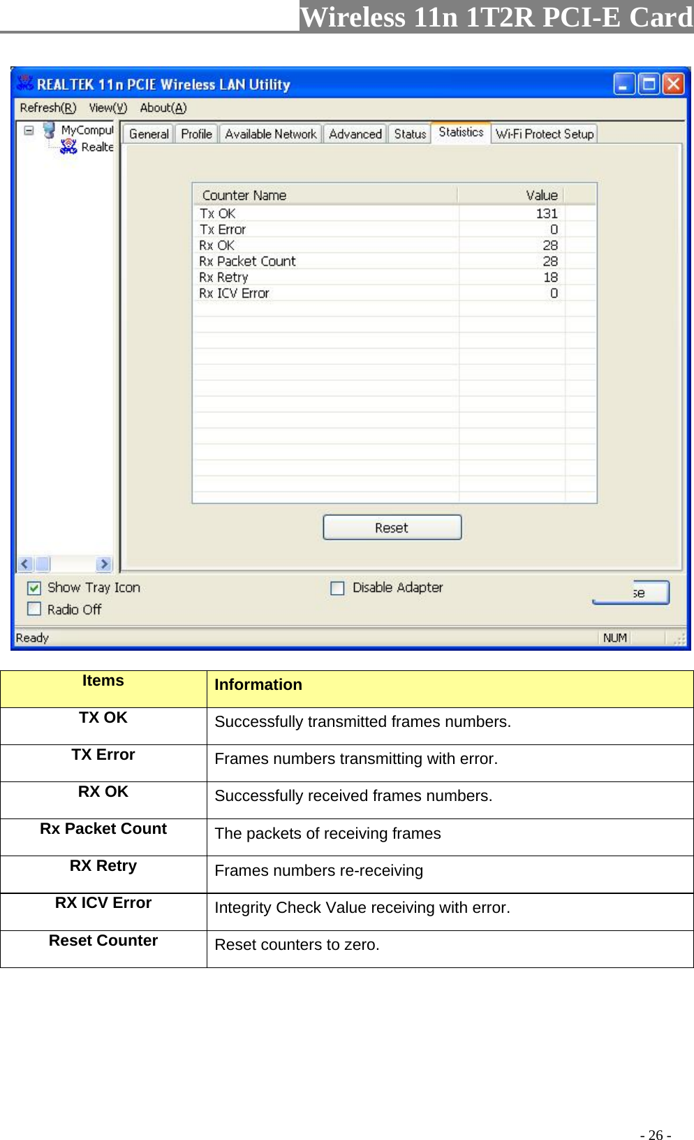                     Wireless 11n 1T2R PCI-E Card                                                                                          - 26 -   Items  Information TX OK Successfully transmitted frames numbers. TX Error  Frames numbers transmitting with error. RX OK  Successfully received frames numbers. Rx Packet Count  The packets of receiving frames RX Retry  Frames numbers re-receiving RX ICV Error  Integrity Check Value receiving with error. Reset Counter Reset counters to zero.  