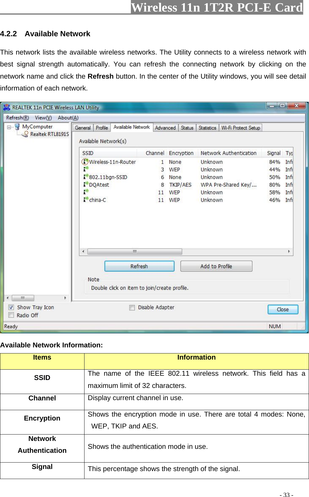                     Wireless 11n 1T2R PCI-E Card                                                                                          - 33 - 4.2.2  Available Network This network lists the available wireless networks. The Utility connects to a wireless network with best signal strength automatically. You can refresh the connecting network by clicking on the network name and click the Refresh button. In the center of the Utility windows, you will see detail information of each network.    Available Network Information: Items  Information SSID The name of the IEEE 802.11 wireless network. This field has a maximum limit of 32 characters. Channel Display current channel in use. Encryption  Shows the encryption mode in use. There are total 4 modes: None, WEP, TKIP and AES. Network Authentication  Shows the authentication mode in use. Signal  This percentage shows the strength of the signal. 