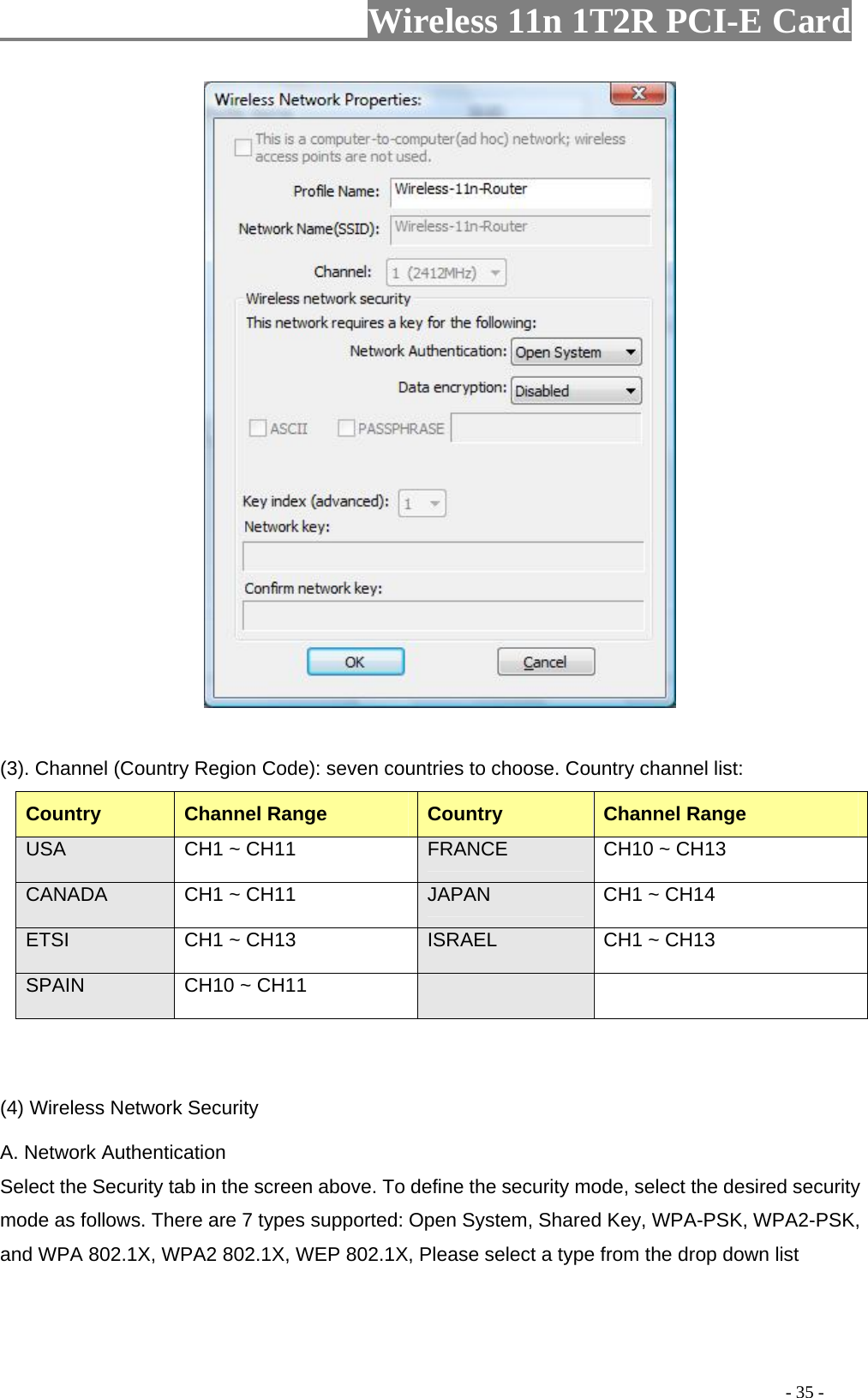                     Wireless 11n 1T2R PCI-E Card                                                                                          - 35 -   (3). Channel (Country Region Code): seven countries to choose. Country channel list: Country Channel Range  Country  Channel Range USA  CH1 ~ CH11  FRANCE  CH10 ~ CH13 CANADA  CH1 ~ CH11  JAPAN  CH1 ~ CH14 ETSI  CH1 ~ CH13  ISRAEL  CH1 ~ CH13 SPAIN  CH10 ~ CH11      (4) Wireless Network Security A. Network Authentication Select the Security tab in the screen above. To define the security mode, select the desired security mode as follows. There are 7 types supported: Open System, Shared Key, WPA-PSK, WPA2-PSK, and WPA 802.1X, WPA2 802.1X, WEP 802.1X, Please select a type from the drop down list   