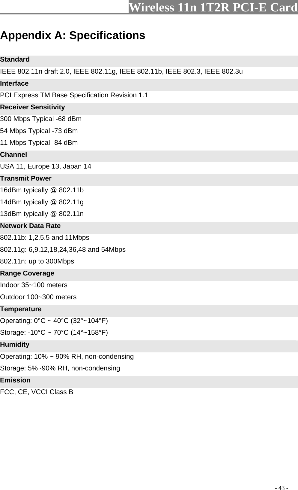                     Wireless 11n 1T2R PCI-E Card                                                                                          - 43 - Appendix A: Specifications  Standard IEEE 802.11n draft 2.0, IEEE 802.11g, IEEE 802.11b, IEEE 802.3, IEEE 802.3u Interface PCI Express TM Base Specification Revision 1.1 Receiver Sensitivity 300 Mbps Typical -68 dBm   54 Mbps Typical -73 dBm   11 Mbps Typical -84 dBm Channel USA 11, Europe 13, Japan 14 Transmit Power 16dBm typically @ 802.11b   14dBm typically @ 802.11g   13dBm typically @ 802.11n Network Data Rate 802.11b: 1,2,5.5 and 11Mbps   802.11g: 6,9,12,18,24,36,48 and 54Mbps   802.11n: up to 300Mbps Range Coverage Indoor 35~100 meters Outdoor 100~300 meters Temperature Operating: 0°C ~ 40°C (32°~104°F) Storage: -10°C ~ 70°C (14°~158°F) Humidity Operating: 10% ~ 90% RH, non-condensing Storage: 5%~90% RH, non-condensing Emission FCC, CE, VCCI Class B   
