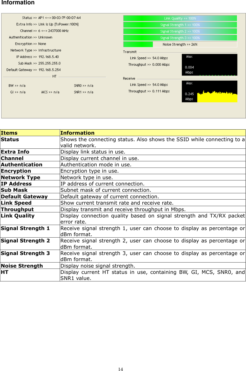  14 Information   Items  Information Status  Shows the connecting status. Also shows the SSID while connecting to a valid network. Extra Info  Display link status in use. Channel  Display current channel in use.   Authentication  Authentication mode in use. Encryption  Encryption type in use. Network Type  Network type in use. IP Address  IP address of current connection. Sub Mask  Subnet mask of current connection. Default Gateway  Default gateway of current connection. Link Speed  Show current transmit rate and receive rate. Throughput  Display transmit and receive throughput in Mbps. Link Quality Display  connection  quality  based  on  signal  strength  and  TX/RX  packet error rate. Signal Strength 1  Receive signal strength 1, user  can choose to display as percentage or dBm format. Signal Strength 2 Receive signal strength 2, user  can choose to display as percentage or dBm format. Signal Strength 3 Receive signal strength 3, user  can choose to display as percentage or dBm format. Noise Strength  Display noise signal strength. HT Display  current  HT  status  in  use,  containing  BW,  GI,  MCS,  SNR0,  and SNR1 value.    