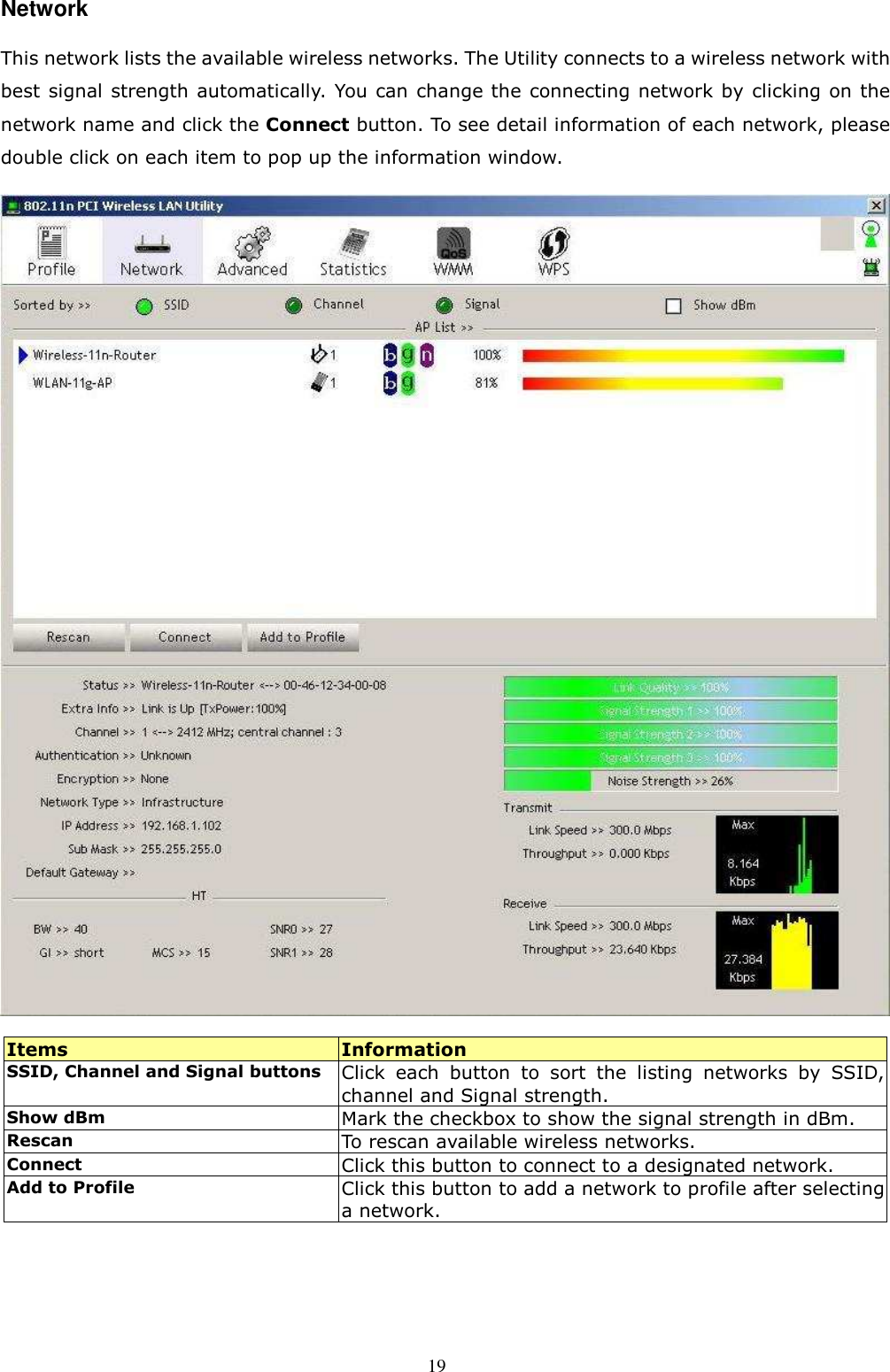  19 Network This network lists the available wireless networks. The Utility connects to a wireless network with best signal strength automatically. You can  change the connecting network by clicking on the network name and click the Connect button. To see detail information of each network, please double click on each item to pop up the information window.    Items  Information SSID, Channel and Signal buttons Click  each  button  to  sort  the  listing  networks  by  SSID, channel and Signal strength. Show dBm Mark the checkbox to show the signal strength in dBm. Rescan To rescan available wireless networks. Connect Click this button to connect to a designated network. Add to Profile Click this button to add a network to profile after selecting a network.  