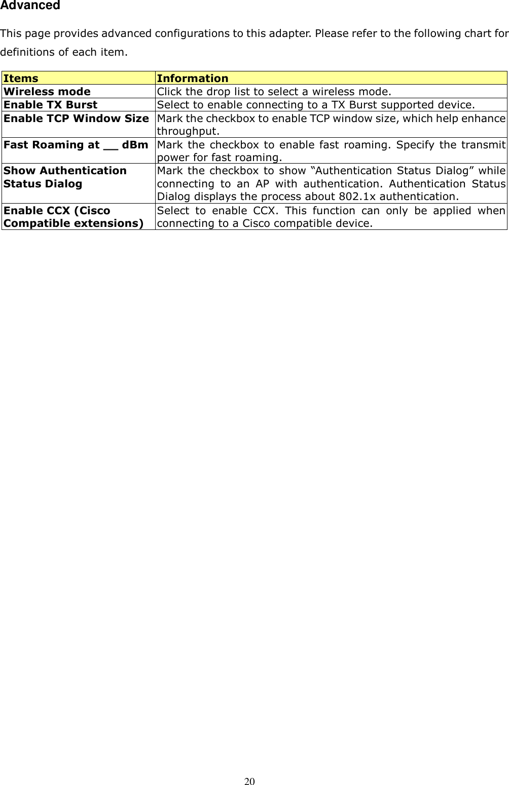  20 Advanced This page provides advanced configurations to this adapter. Please refer to the following chart for definitions of each item. Items  Information Wireless mode  Click the drop list to select a wireless mode. Enable TX Burst  Select to enable connecting to a TX Burst supported device. Enable TCP Window Size Mark the checkbox to enable TCP window size, which help enhance throughput.   Fast Roaming at __ dBm Mark the  checkbox to enable  fast roaming. Specify the transmit power for fast roaming. Show Authentication Status Dialog Mark the checkbox to show “Authentication Status Dialog” while connecting  to  an  AP  with  authentication. Authentication  Status Dialog displays the process about 802.1x authentication. Enable CCX (Cisco Compatible extensions) Select  to  enable  CCX.  This  function  can  only  be  applied  when connecting to a Cisco compatible device.    