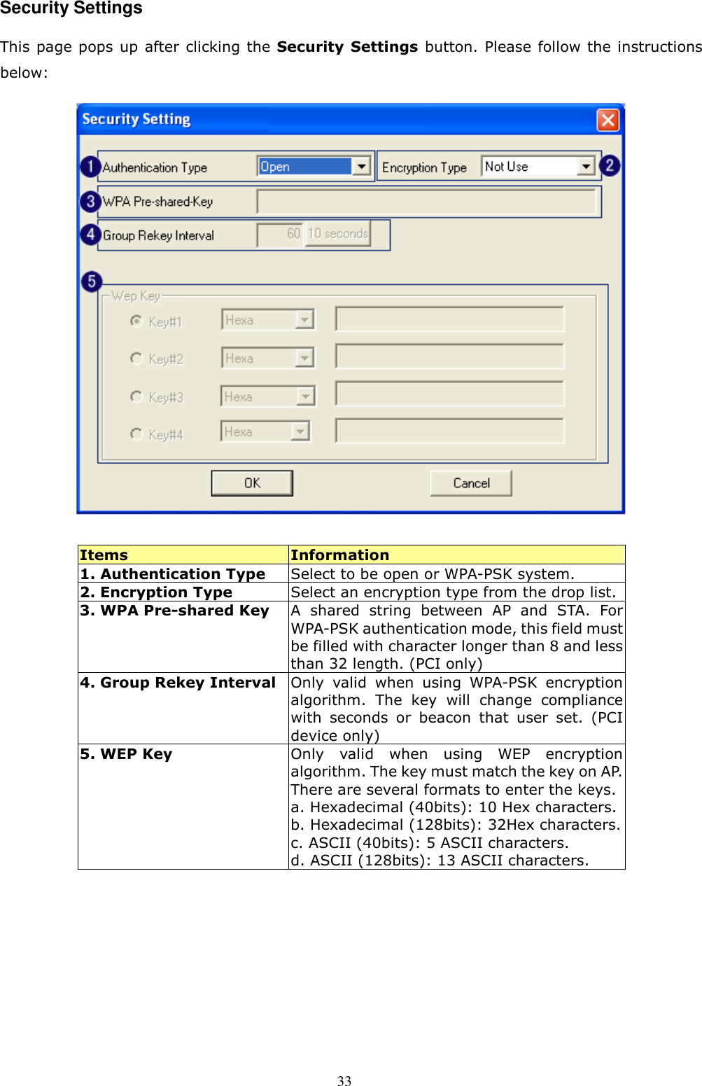  33 Security Settings This page pops up  after clicking the Security  Settings button. Please  follow the instructions below:   Items  Information 1. Authentication Type  Select to be open or WPA-PSK system. 2. Encryption Type  Select an encryption type from the drop list. 3. WPA Pre-shared Key  A  shared  string  between  AP  and  STA.  For WPA-PSK authentication mode, this field must be filled with character longer than 8 and less than 32 length. (PCI only) 4. Group Rekey Interval Only  valid  when  using  WPA-PSK  encryption algorithm.  The  key  will  change  compliance with  seconds  or  beacon  that  user  set.  (PCI device only) 5. WEP Key Only  valid  when  using  WEP  encryption algorithm. The key must match the key on AP. There are several formats to enter the keys. a. Hexadecimal (40bits): 10 Hex characters. b. Hexadecimal (128bits): 32Hex characters. c. ASCII (40bits): 5 ASCII characters. d. ASCII (128bits): 13 ASCII characters. 