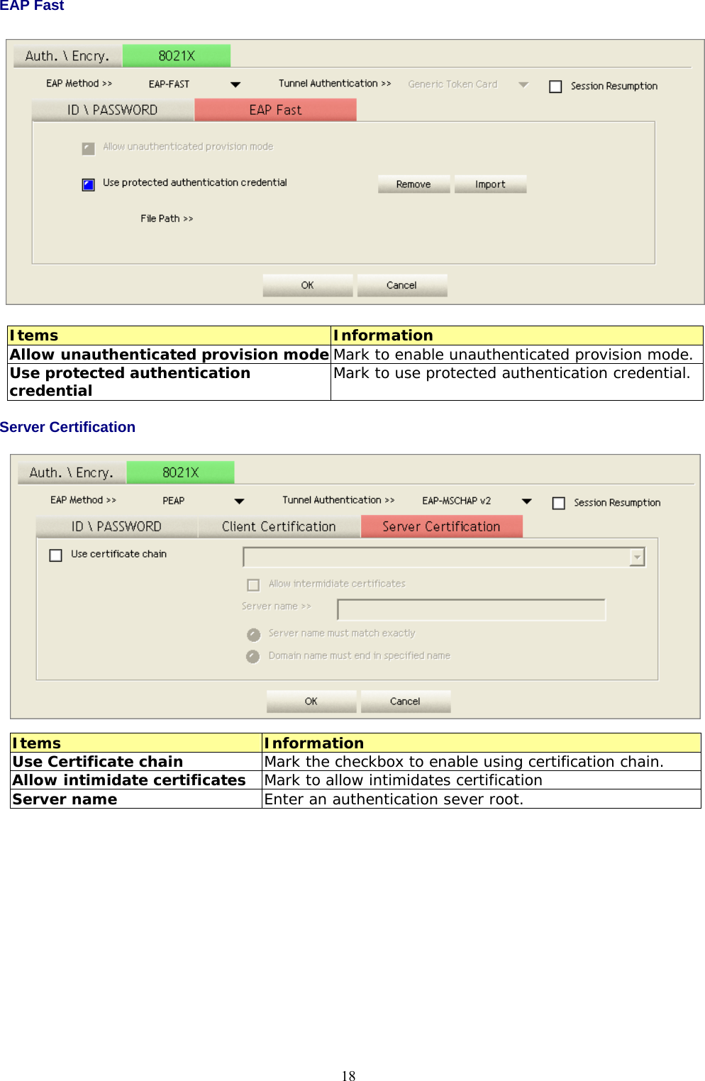  18EAP Fast   Items  Information Allow unauthenticated provision mode Mark to enable unauthenticated provision mode. Use protected authentication credential Mark to use protected authentication credential. Server Certification  Items  Information Use Certificate chain  Mark the checkbox to enable using certification chain. Allow intimidate certificates Mark to allow intimidates certification Server name Enter an authentication sever root.  