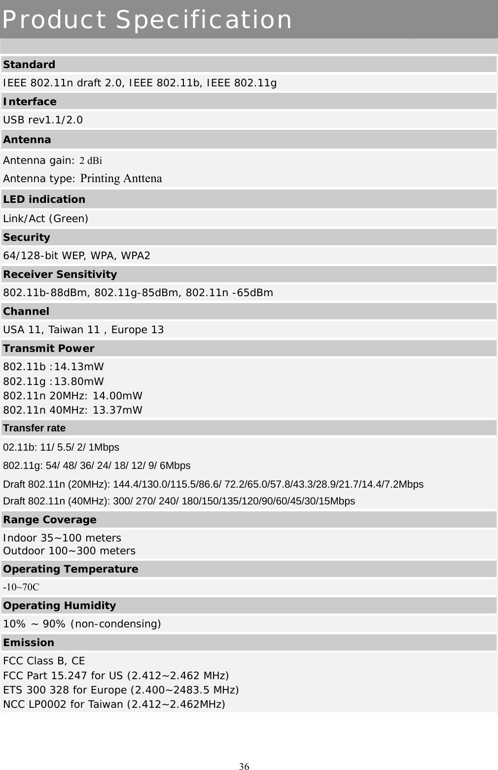  36  Product Specification  Standard IEEE 802.11n draft 2.0, IEEE 802.11b, IEEE 802.11g Interface USB rev1.1/2.0 Antenna Antenna gain: 2 dBi Antenna type: Printing Anttena LED indication Link/Act (Green) Security 64/128-bit WEP, WPA, WPA2 Receiver Sensitivity 802.11b-88dBm, 802.11g-85dBm, 802.11n -65dBm Channel  USA 11, Taiwan 11 , Europe 13 Transmit Power 802.11b :14.13mW 802.11g :13.80mW 802.11n 20MHz: 14.00mW 802.11n 40MHz: 13.37mW Transfer rate  02.11b: 11/ 5.5/ 2/ 1Mbps  802.11g: 54/ 48/ 36/ 24/ 18/ 12/ 9/ 6Mbps  Draft 802.11n (20MHz): 144.4/130.0/115.5/86.6/ 72.2/65.0/57.8/43.3/28.9/21.7/14.4/7.2Mbps  Draft 802.11n (40MHz): 300/ 270/ 240/ 180/150/135/120/90/60/45/30/15Mbps Range Coverage  Indoor 35~100 meters Outdoor 100~300 meters Operating Temperature -10~70C Operating Humidity 10% ~ 90% (non-condensing) Emission FCC Class B, CE  FCC Part 15.247 for US (2.412~2.462 MHz) ETS 300 328 for Europe (2.400~2483.5 MHz) NCC LP0002 for Taiwan (2.412~2.462MHz)   