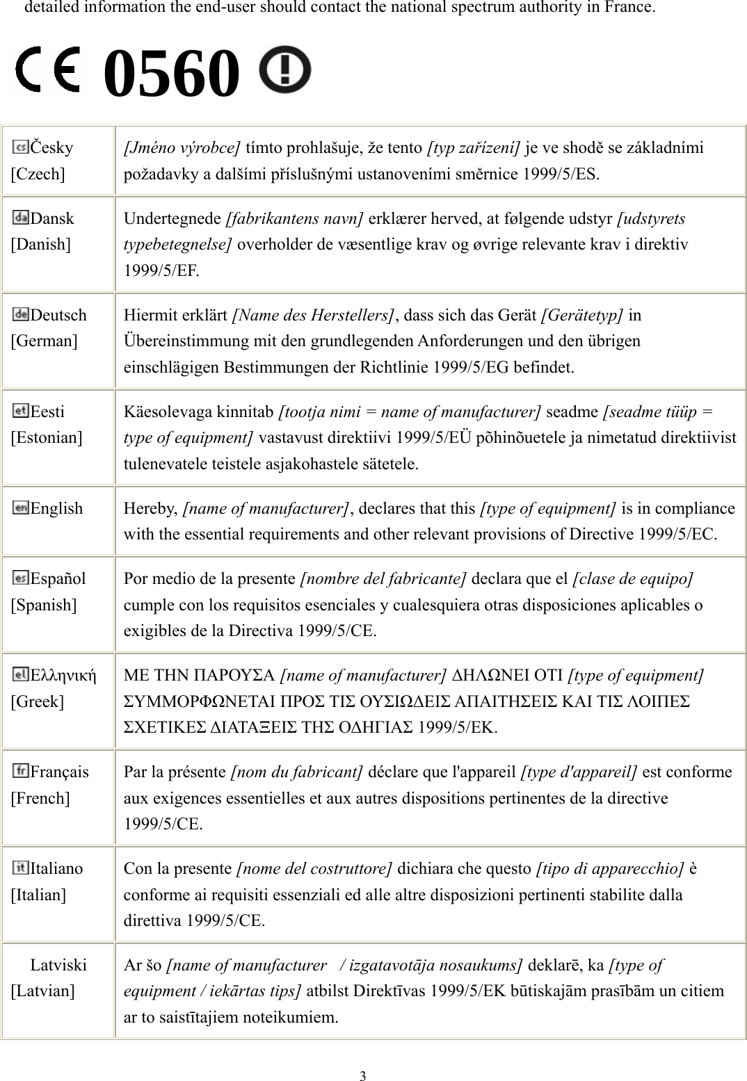  3detailed information the end-user should contact the national spectrum authority in France. 0560 Česky [Czech] [Jméno výrobce] tímto prohlašuje, že tento [typ zařízení] je ve shodě se základními požadavky a dalšími příslušnými ustanoveními směrnice 1999/5/ES. Dansk [Danish] Undertegnede [fabrikantens navn] erklærer herved, at følgende udstyr [udstyrets typebetegnelse] overholder de væsentlige krav og øvrige relevante krav i direktiv 1999/5/EF. Deutsch [German] Hiermit erklärt [Name des Herstellers], dass sich das Gerät [Gerätetyp] in Übereinstimmung mit den grundlegenden Anforderungen und den übrigen einschlägigen Bestimmungen der Richtlinie 1999/5/EG befindet. Eesti [Estonian] Käesolevaga kinnitab [tootja nimi = name of manufacturer] seadme [seadme tüüp = type of equipment] vastavust direktiivi 1999/5/EÜ põhinõuetele ja nimetatud direktiivist tulenevatele teistele asjakohastele sätetele. English Hereby, [name of manufacturer], declares that this [type of equipment] is in compliance with the essential requirements and other relevant provisions of Directive 1999/5/EC. Español [Spanish] Por medio de la presente [nombre del fabricante] declara que el [clase de equipo] cumple con los requisitos esenciales y cualesquiera otras disposiciones aplicables o exigibles de la Directiva 1999/5/CE. Ελληνική [Greek] ΜΕ ΤΗΝ ΠΑΡΟΥΣΑ [name of manufacturer] ΔΗΛΩΝΕΙ ΟΤΙ [type of equipment] ΣΥΜΜΟΡΦΩΝΕΤΑΙ ΠΡΟΣ ΤΙΣ ΟΥΣΙΩΔΕΙΣ ΑΠΑΙΤΗΣΕΙΣ ΚΑΙ ΤΙΣ ΛΟΙΠΕΣ ΣΧΕΤΙΚΕΣ ΔΙΑΤΑΞΕΙΣ ΤΗΣ ΟΔΗΓΙΑΣ 1999/5/ΕΚ. Français [French] Par la présente [nom du fabricant] déclare que l&apos;appareil [type d&apos;appareil] est conforme aux exigences essentielles et aux autres dispositions pertinentes de la directive 1999/5/CE. Italiano [Italian] Con la presente [nome del costruttore] dichiara che questo [tipo di apparecchio] è conforme ai requisiti essenziali ed alle altre disposizioni pertinenti stabilite dalla direttiva 1999/5/CE. Latviski [Latvian] Ar šo [name of manufacturer   / izgatavotāja nosaukums] deklarē, ka [type of equipment / iekārtas tips] atbilst Direktīvas 1999/5/EK būtiskajām prasībām un citiem ar to saistītajiem noteikumiem. 