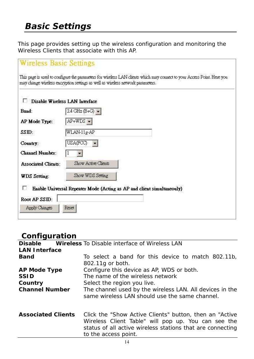  14 Basic Settings  This page provides setting up the wireless configuration and monitoring the Wireless Clients that associate with this AP.     Configuration Disable Wireless LAN Interface  To Disable interface of Wireless LAN Band  To select a band for this device to match 802.11b, 802.11g or both. AP Mode Type  Configure this device as AP, WDS or both. SSID  The name of the wireless network Country  Select the region you live. Channel Number The channel used by the wireless LAN. All devices in the same wireless LAN should use the same channel. Associated Clients  Click the &quot;Show Active Clients&quot; button, then an &quot;Active Wireless Client Table&quot; will pop up. You can see the status of all active wireless stations that are connecting to the access point. 