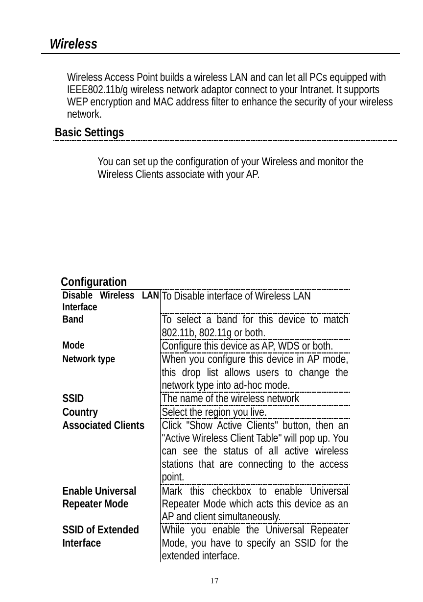  17  Wireless  Wireless Access Point builds a wireless LAN and can let all PCs equipped with IEEE802.11b/g wireless network adaptor connect to your Intranet. It supports WEP encryption and MAC address filter to enhance the security of your wireless network. Basic Settings  You can set up the configuration of your Wireless and monitor the Wireless Clients associate with your AP.       Configuration Disable Wireless LAN Interface  To Disable interface of Wireless LAN Band To select a band for this device to match 802.11b, 802.11g or both. Mode  Configure this device as AP, WDS or both. Network type When you configure this device in AP mode, this drop list allows users to change the network type into ad-hoc mode. SSID  The name of the wireless network Country  Select the region you live. Associated Clients  Click &quot;Show Active Clients&quot; button, then an &quot;Active Wireless Client Table&quot; will pop up. You can see the status of all active wireless stations that are connecting to the access point. Enable Universal  Repeater Mode Mark this checkbox to enable Universal Repeater Mode which acts this device as an AP and client simultaneously. SSID of Extended  Interface While you enable the Universal Repeater Mode, you have to specify an SSID for the extended interface. 