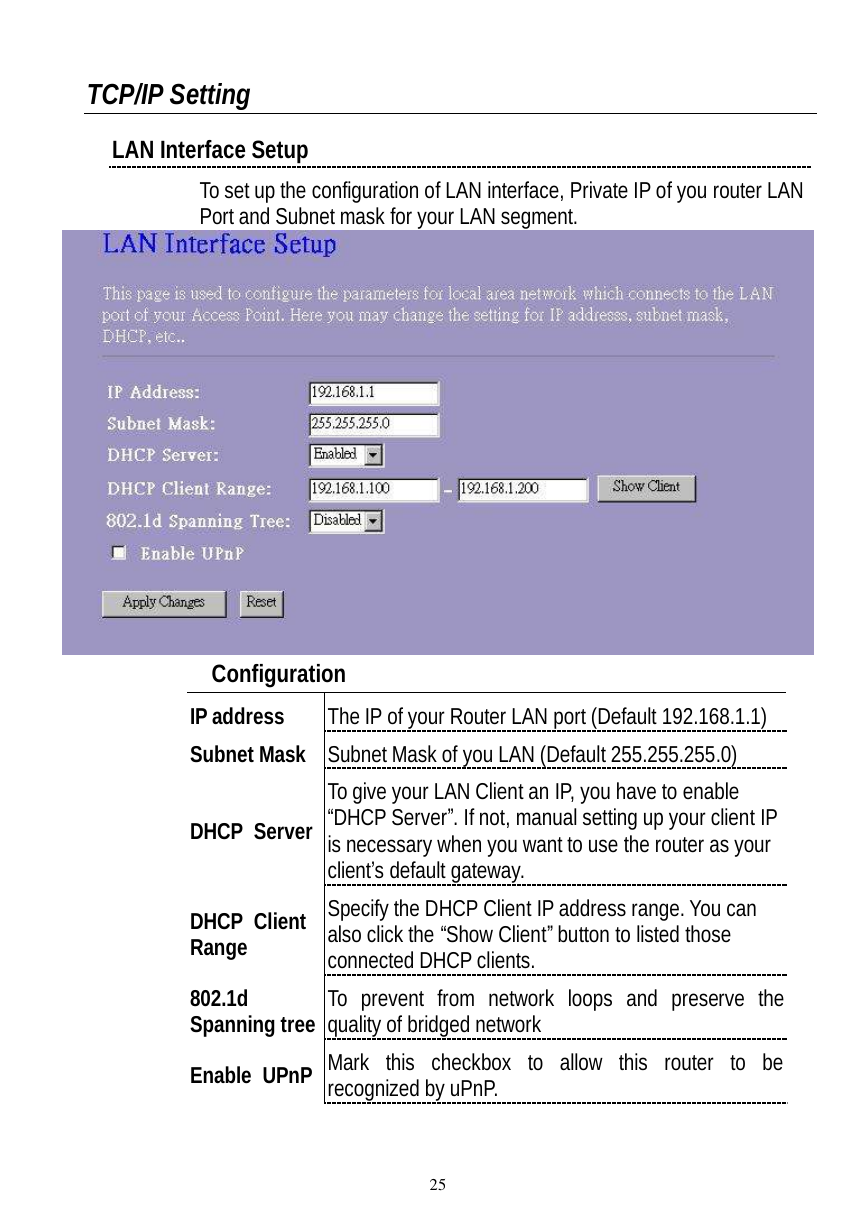  25  TCP/IP Setting LAN Interface Setup To set up the configuration of LAN interface, Private IP of you router LAN Port and Subnet mask for your LAN segment.     Configuration  IP address  The IP of your Router LAN port (Default 192.168.1.1) Subnet Mask Subnet Mask of you LAN (Default 255.255.255.0) DHCP Server To give your LAN Client an IP, you have to enable “DHCP Server”. If not, manual setting up your client IP is necessary when you want to use the router as your client’s default gateway. DHCP Client Range Specify the DHCP Client IP address range. You can also click the “Show Client” button to listed those connected DHCP clients. 802.1d Spanning tree To prevent from network loops and preserve the quality of bridged network Enable UPnP Mark this checkbox to allow this router to be recognized by uPnP. 