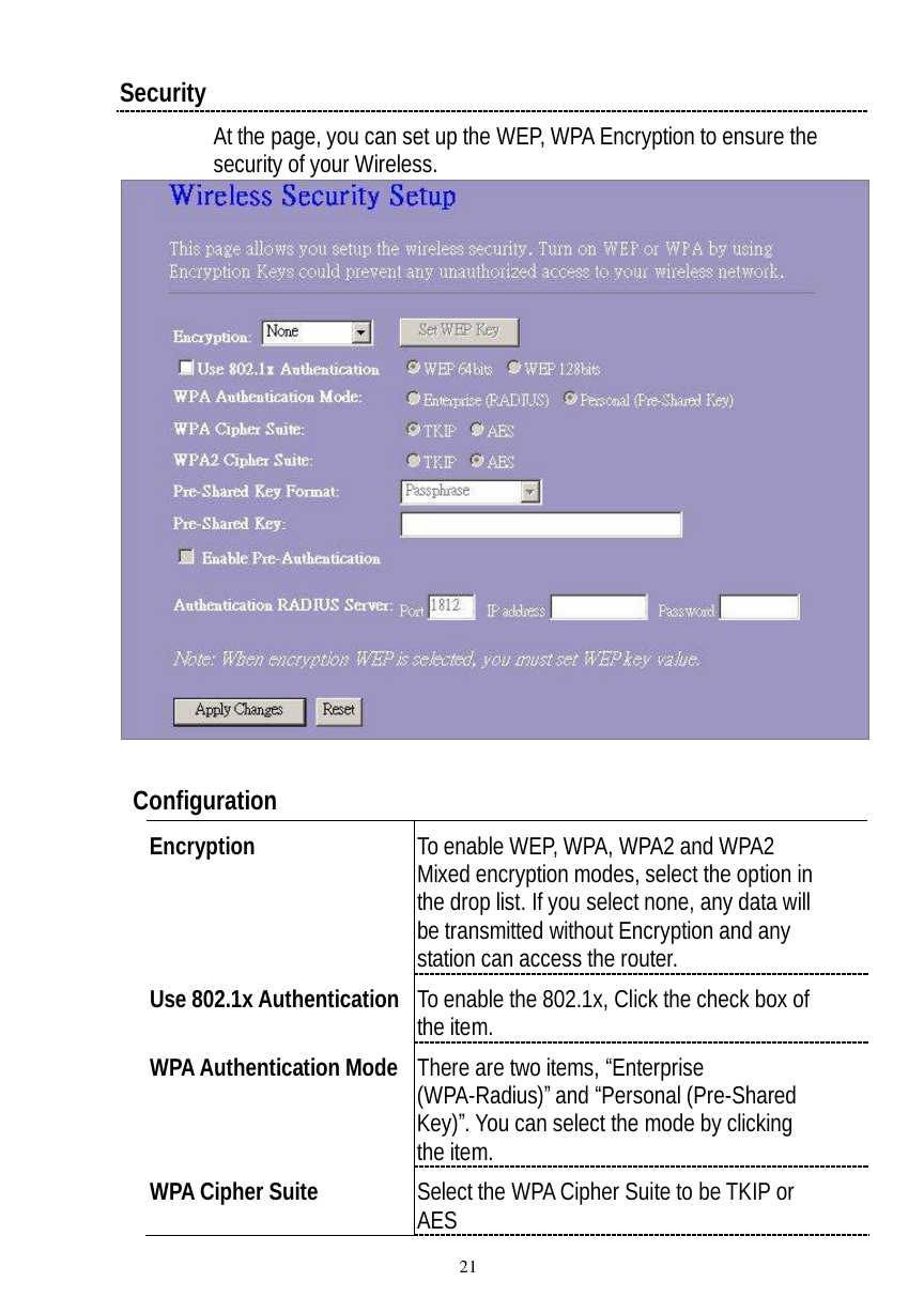  21 Security  At the page, you can set up the WEP, WPA Encryption to ensure the security of your Wireless.     Configuration  Encryption  To enable WEP, WPA, WPA2 and WPA2 Mixed encryption modes, select the option in the drop list. If you select none, any data will be transmitted without Encryption and any station can access the router. Use 802.1x Authentication To enable the 802.1x, Click the check box of the item. WPA Authentication Mode There are two items, “Enterprise (WPA-Radius)” and “Personal (Pre-Shared Key)”. You can select the mode by clicking the item. WPA Cipher Suite  Select the WPA Cipher Suite to be TKIP or AES 