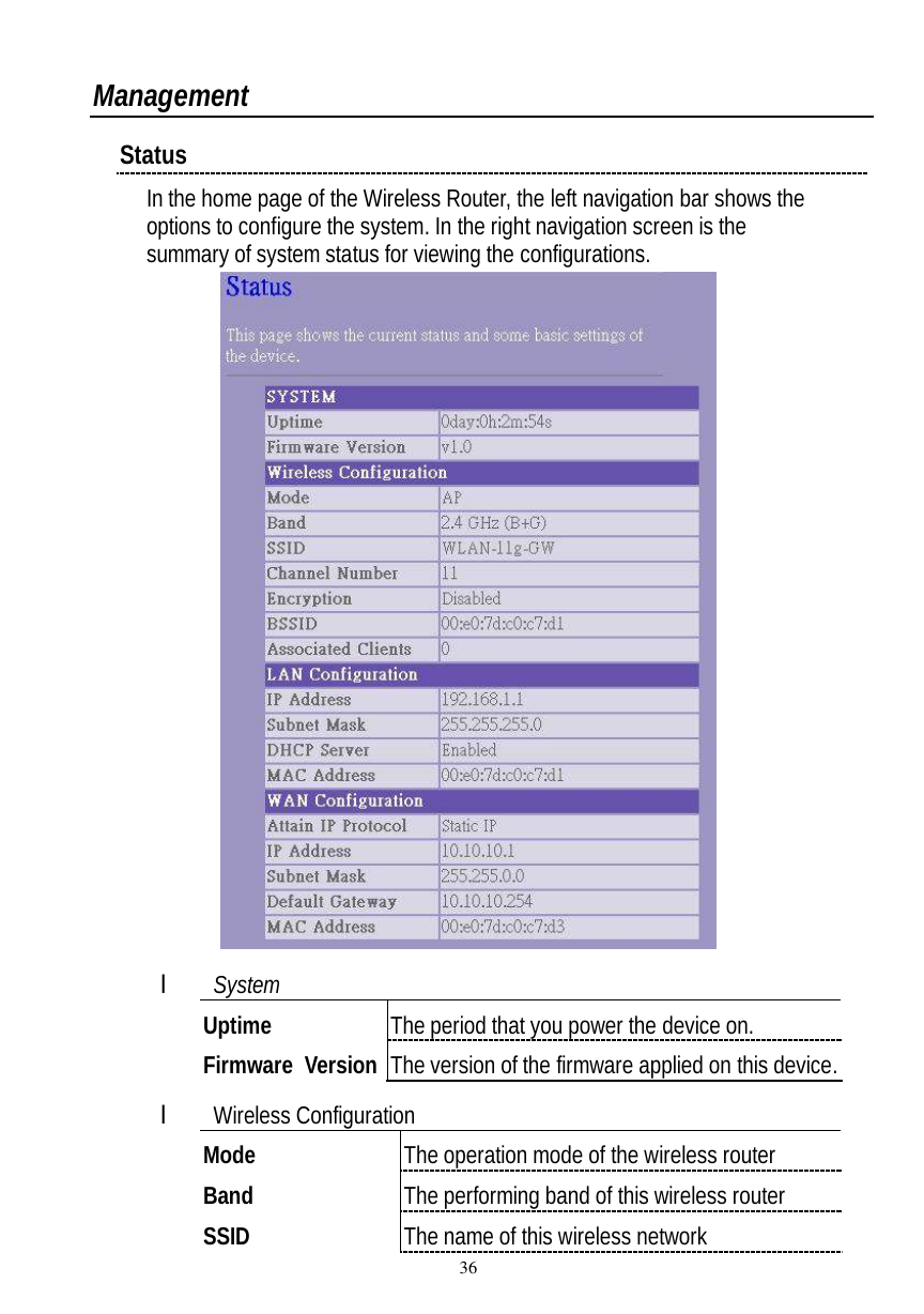  36 Management Status In the home page of the Wireless Router, the left navigation bar shows the options to configure the system. In the right navigation screen is the summary of system status for viewing the configurations.  l System Uptime  The period that you power the device on. Firmware Version The version of the firmware applied on this device. l Wireless Configuration Mode  The operation mode of the wireless router Band  The performing band of this wireless router SSID  The name of this wireless network 