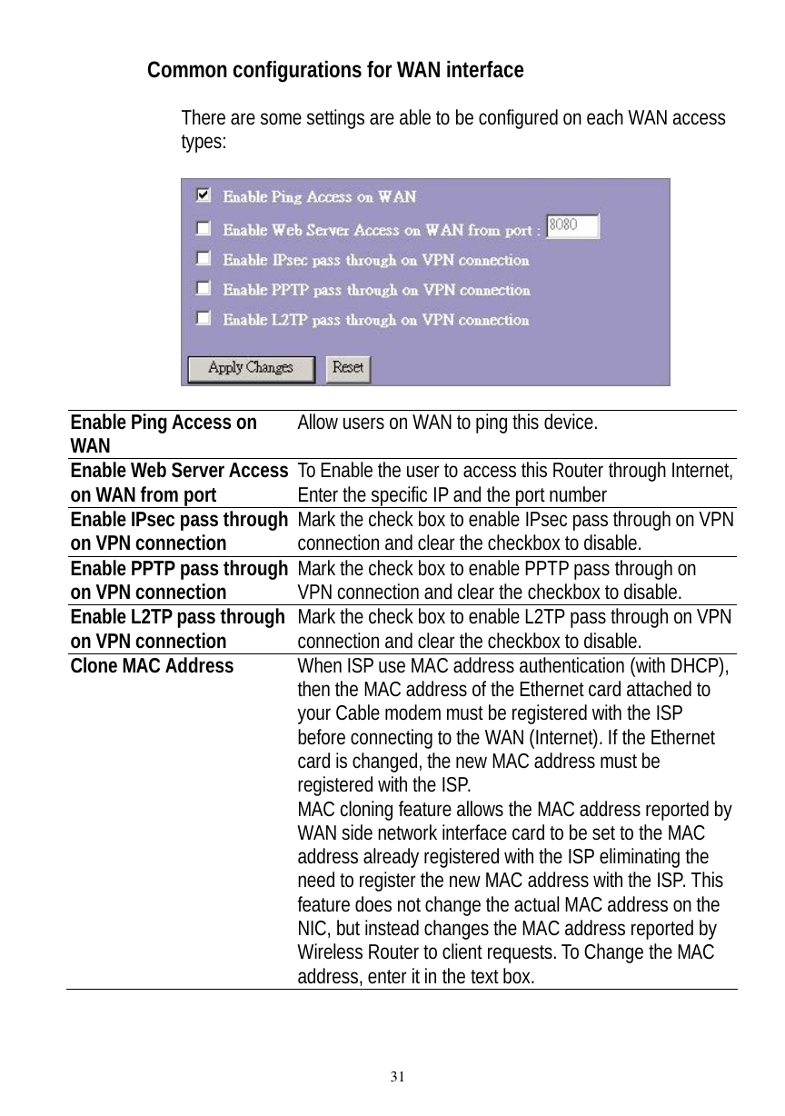  31 Common configurations for WAN interface  There are some settings are able to be configured on each WAN access types:     Enable Ping Access on WAN  Allow users on WAN to ping this device. Enable Web Server Access on WAN from port To Enable the user to access this Router through Internet, Enter the specific IP and the port number Enable IPsec pass through on VPN connection Mark the check box to enable IPsec pass through on VPN connection and clear the checkbox to disable. Enable PPTP pass through on VPN connection  Mark the check box to enable PPTP pass through on VPN connection and clear the checkbox to disable. Enable L2TP pass through on VPN connection  Mark the check box to enable L2TP pass through on VPN connection and clear the checkbox to disable. Clone MAC Address  When ISP use MAC address authentication (with DHCP), then the MAC address of the Ethernet card attached to your Cable modem must be registered with the ISP before connecting to the WAN (Internet). If the Ethernet card is changed, the new MAC address must be registered with the ISP. MAC cloning feature allows the MAC address reported by WAN side network interface card to be set to the MAC address already registered with the ISP eliminating the need to register the new MAC address with the ISP. This feature does not change the actual MAC address on the NIC, but instead changes the MAC address reported by Wireless Router to client requests. To Change the MAC address, enter it in the text box.         