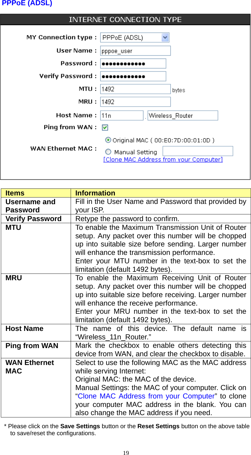  19PPPoE (ADSL)   Items  Information Username and Password  Fill in the User Name and Password that provided by your ISP.   Verify Password  Retype the password to confirm. MTU  To enable the Maximum Transmission Unit of Router setup. Any packet over this number will be chopped up into suitable size before sending. Larger number will enhance the transmission performance.   Enter your MTU number in the text-box to set the limitation (default 1492 bytes). MRU  To enable the Maximum Receiving Unit of Router setup. Any packet over this number will be chopped up into suitable size before receiving. Larger number will enhance the receive performance.   Enter your MRU number in the text-box to set the limitation (default 1492 bytes). Host Name  The name of this device. The default name is “Wireless_11n_Router.” Ping from WAN  Mark the checkbox to enable others detecting this device from WAN, and clear the checkbox to disable.WAN Ethernet MAC  Select to use the following MAC as the MAC address while serving Internet: Original MAC: the MAC of the device. Manual Settings: the MAC of your computer. Click on “Clone MAC Address from your Computer” to clone your computer MAC address in the blank. You can also change the MAC address if you need. * Please click on the Save Settings button or the Reset Settings button on the above table to save/reset the configurations. 