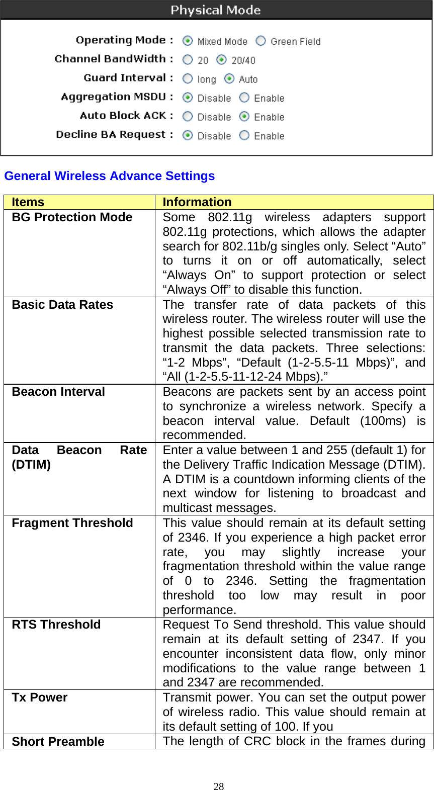  28 General Wireless Advance Settings Items  Information BG Protection Mode  Some 802.11g wireless adapters support 802.11g protections, which allows the adapter search for 802.11b/g singles only. Select “Auto” to turns it on or off automatically, select “Always On” to support protection or select “Always Off” to disable this function. Basic Data Rates  The transfer rate of data packets of this wireless router. The wireless router will use the highest possible selected transmission rate to transmit the data packets. Three selections: “1-2 Mbps”, “Default (1-2-5.5-11 Mbps)”, and “All (1-2-5.5-11-12-24 Mbps).” Beacon Interval  Beacons are packets sent by an access point to synchronize a wireless network. Specify a beacon interval value. Default (100ms) is recommended.  Data Beacon Rate (DTIM)  Enter a value between 1 and 255 (default 1) for the Delivery Traffic Indication Message (DTIM). A DTIM is a countdown informing clients of the next window for listening to broadcast and multicast messages. Fragment Threshold  This value should remain at its default setting of 2346. If you experience a high packet error rate, you may slightly increase your fragmentation threshold within the value range of 0 to 2346. Setting the fragmentation threshold too low may result in poor performance.  RTS Threshold  Request To Send threshold. This value should remain at its default setting of 2347. If you encounter inconsistent data flow, only minor modifications to the value range between 1 and 2347 are recommended.   Tx Power  Transmit power. You can set the output power of wireless radio. This value should remain at its default setting of 100. If you   Short Preamble  The length of CRC block in the frames during 