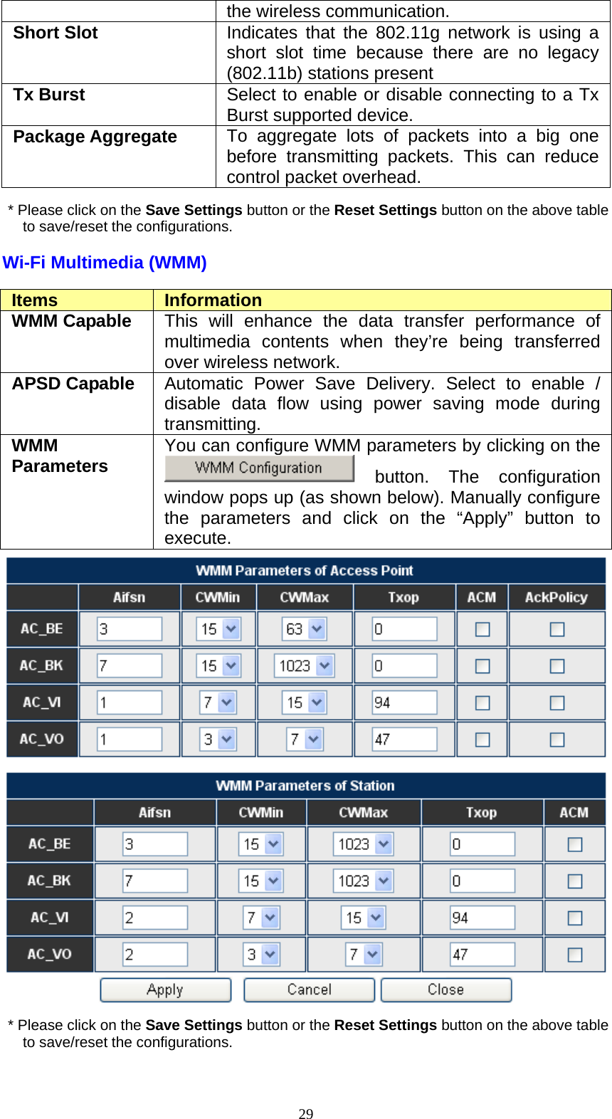  29the wireless communication.   Short Slot  Indicates that the 802.11g network is using a short slot time because there are no legacy (802.11b) stations present Tx Burst  Select to enable or disable connecting to a Tx Burst supported device. Package Aggregate  To aggregate lots of packets into a big one before transmitting packets. This can reduce control packet overhead.   * Please click on the Save Settings button or the Reset Settings button on the above table to save/reset the configurations. Wi-Fi Multimedia (WMM) Items  Information WMM Capable  This will enhance the data transfer performance of multimedia contents when they’re being transferred over wireless network.   APSD Capable  Automatic Power Save Delivery. Select to enable / disable data flow using power saving mode during transmitting. WMM Parameters  You can configure WMM parameters by clicking on the  button.  The  configuration window pops up (as shown below). Manually configure the parameters and click on the “Apply” button to execute.  * Please click on the Save Settings button or the Reset Settings button on the above table to save/reset the configurations. 