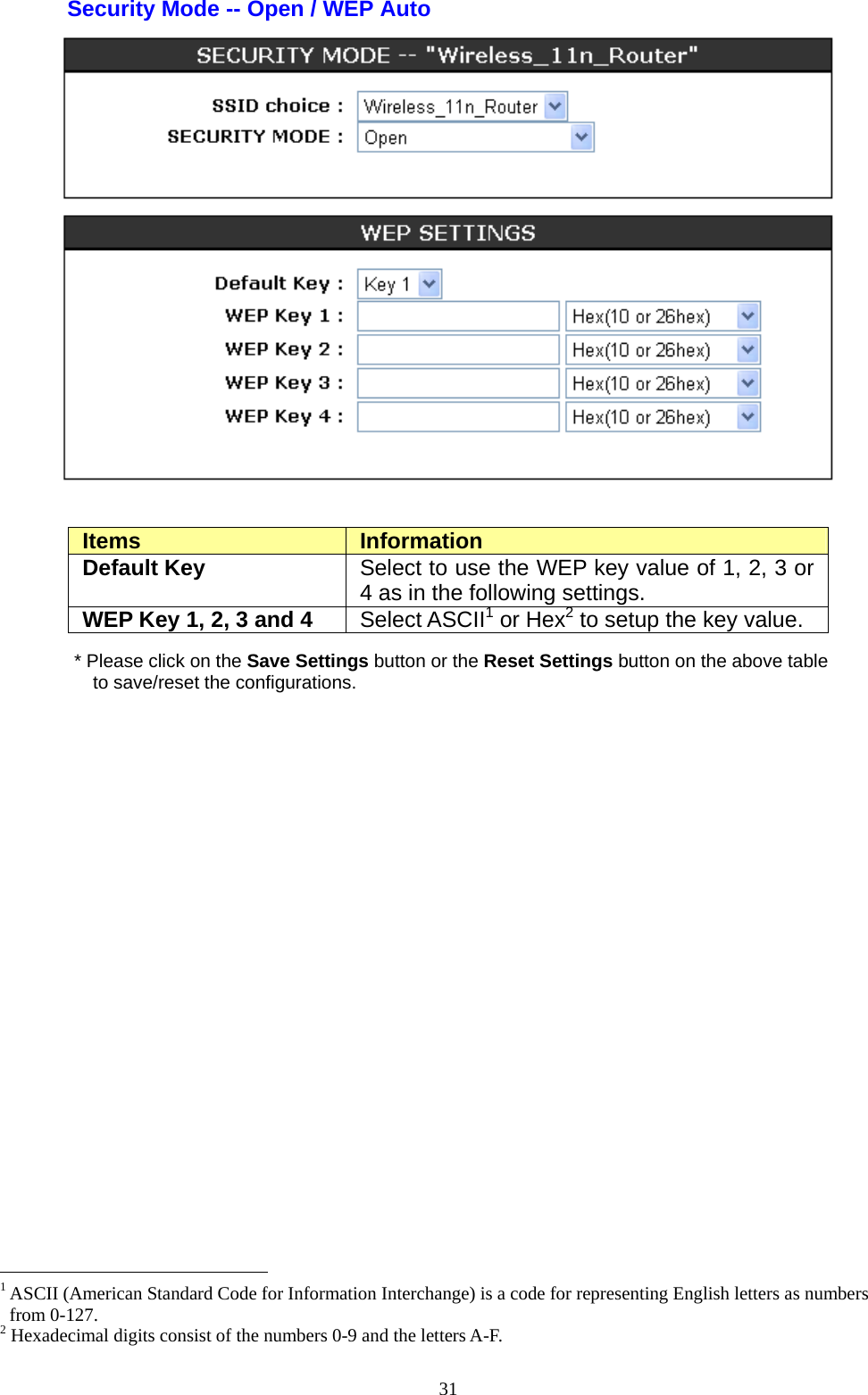  31Security Mode -- Open / WEP Auto   Items  Information Default Key  Select to use the WEP key value of 1, 2, 3 or 4 as in the following settings. WEP Key 1, 2, 3 and 4  Select ASCII1 or Hex2 to setup the key value. * Please click on the Save Settings button or the Reset Settings button on the above table to save/reset the configurations.                                                   1 ASCII (American Standard Code for Information Interchange) is a code for representing English letters as numbers from 0-127. 2 Hexadecimal digits consist of the numbers 0-9 and the letters A-F. 